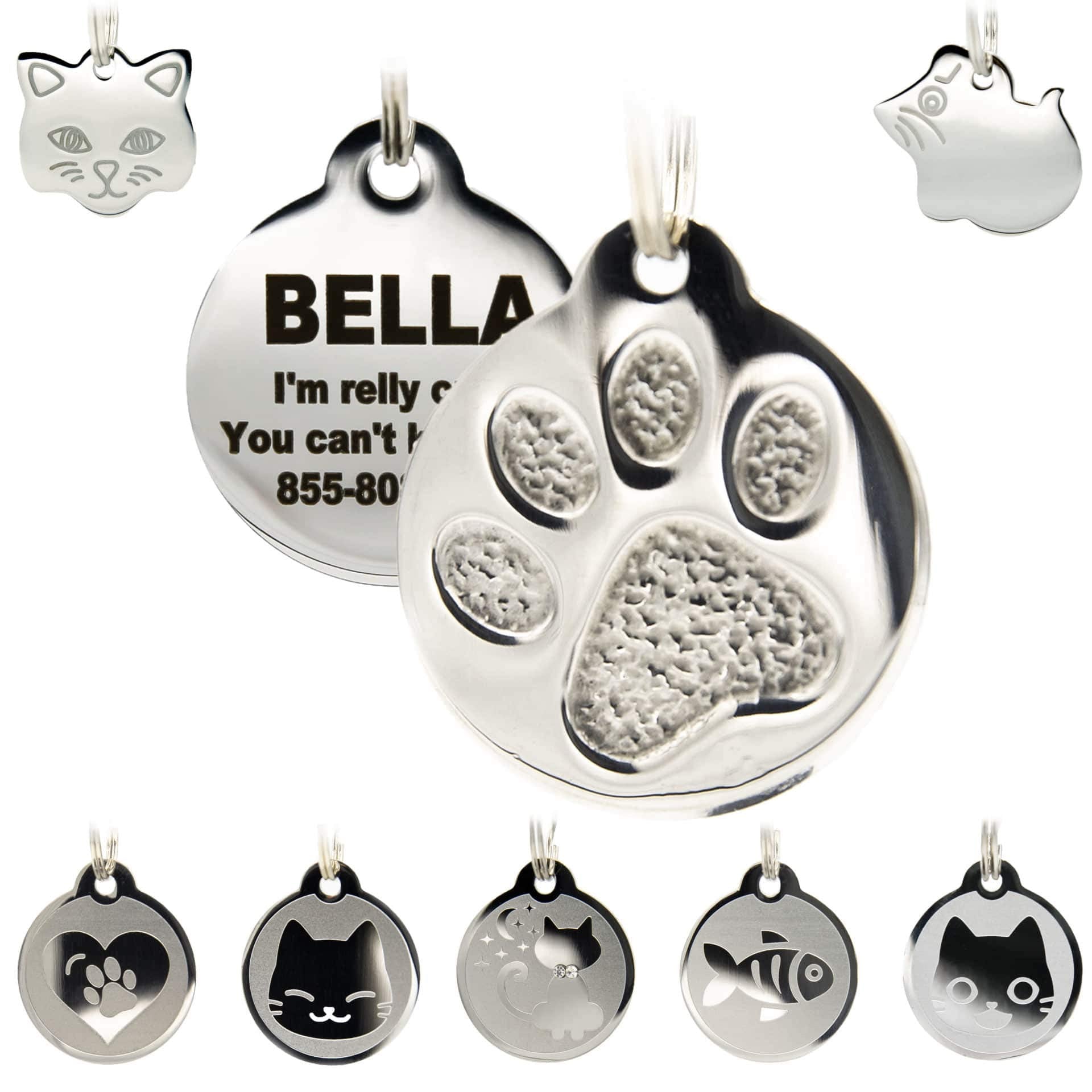 Stainless Steel Cat Id Tags - Engraved Personalized Cat Tags Includes Up To 4 Lines Of Text With Round Paw Shape