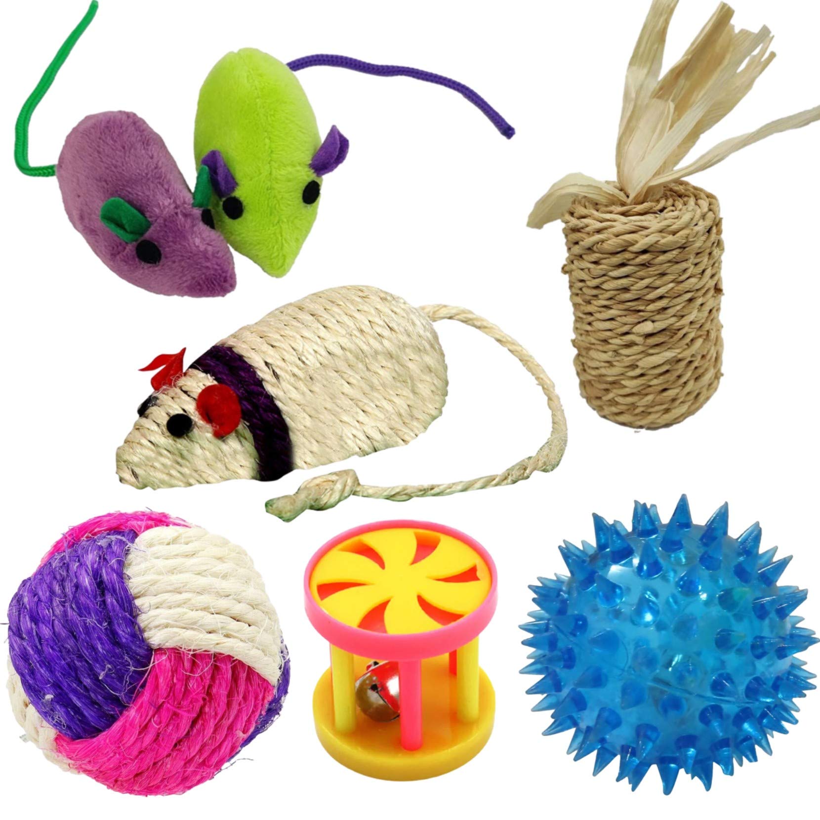 Petlicious & More 6 In 1 Cat Toys Kitten Toys Combo  1 Drum Bell | 1 Led Ball | 1 Pair Plush Mouse | 3 Sisal Ball & Mouse Toy (
