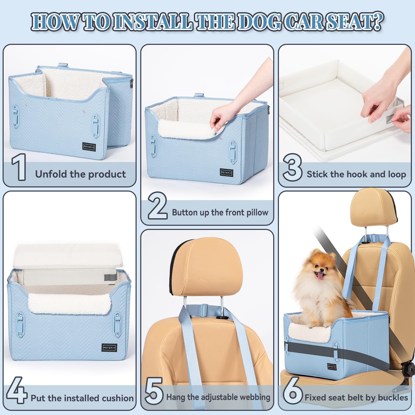 Petsfit Dog Car Seat Medium Sized Dog, Stable Small Dog Car Seat For Car With Clip-On Leash, Fleece Liner Suitable For Small Pets Up To 25Lbs (Blue)