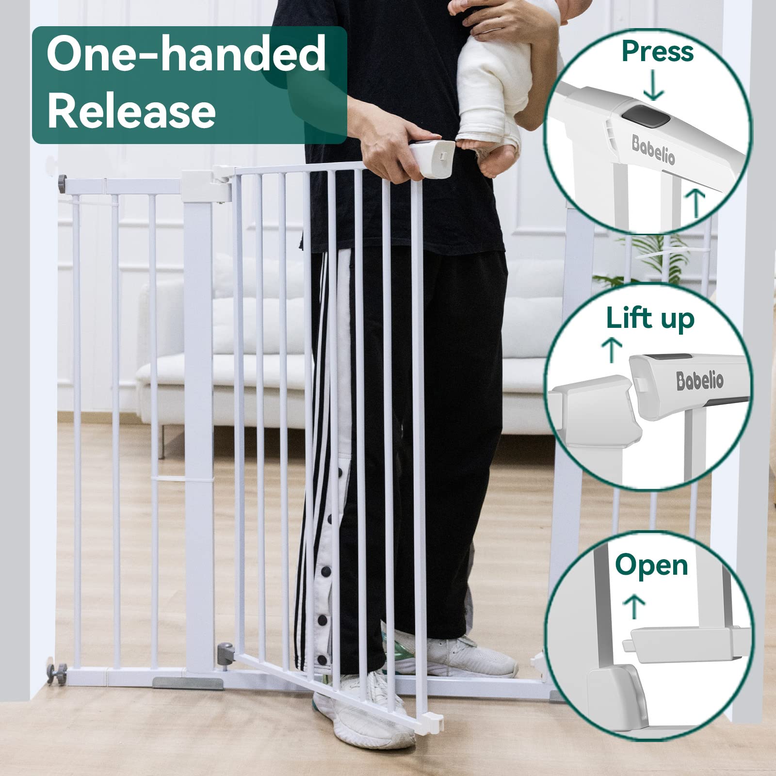 Babelio 36' Tall Baby Gate, 29-48' Auto Close Pressure Mounted Dog Gate For Stairs, Doorways & Hallway, Protector Basics Easy Walk Thru Pet Gate, Metal Child Gate With 2*Y Spindle Rods, White
