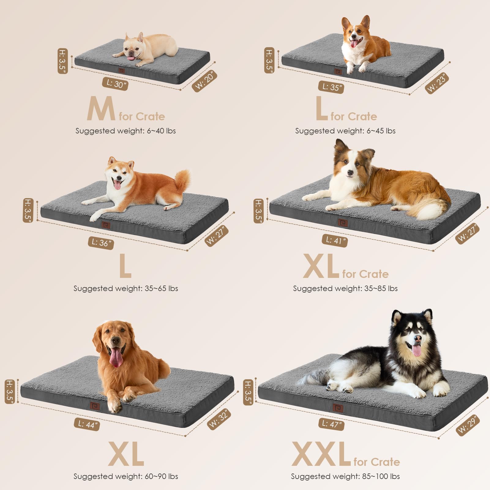 EHEYCIGA Orthopedic Dog Bed for Large Dogs, Grey, 35"x23", Removable Washable Cover, Comfortable Polyester