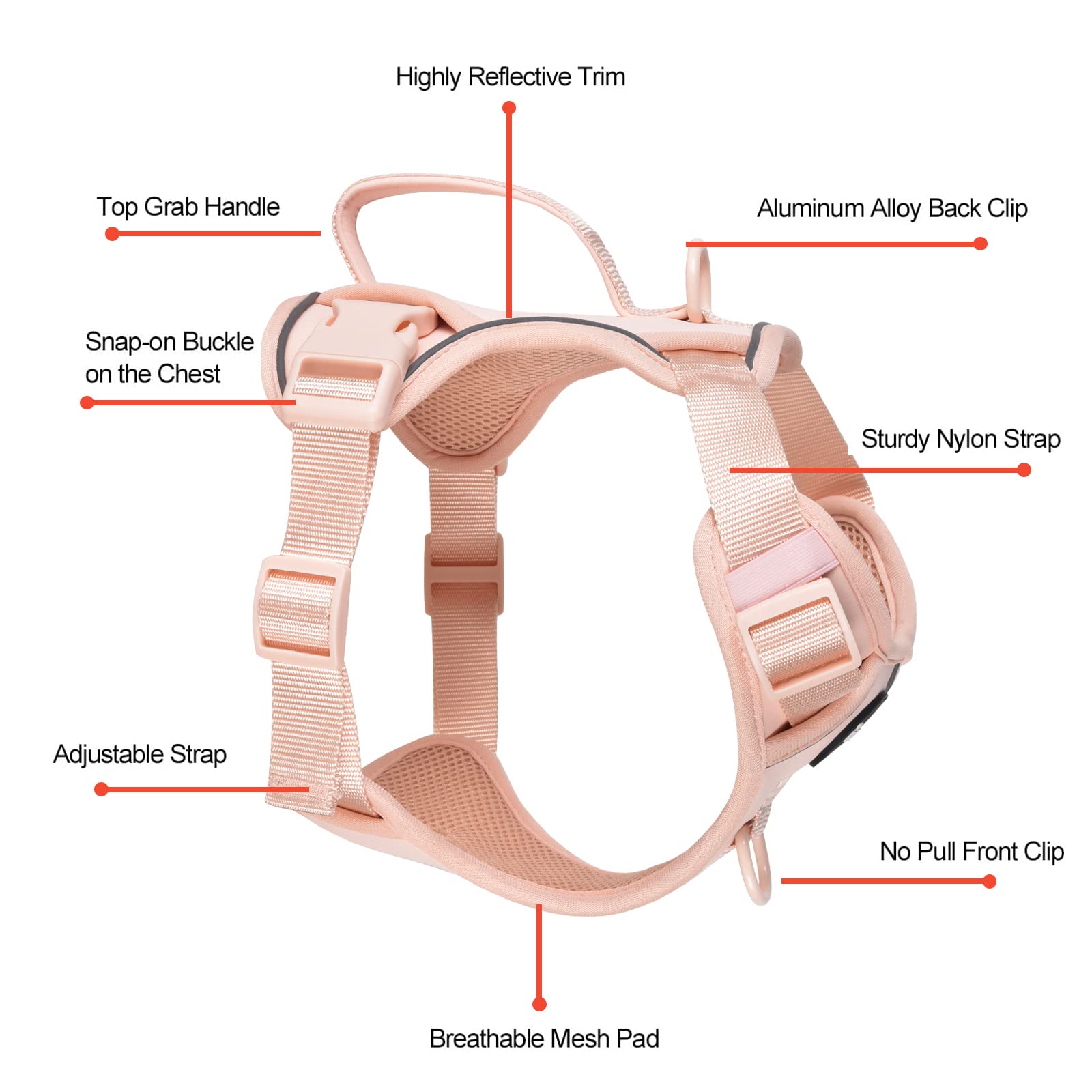Petmolico Dog Harness For Large Dogs No Pull, Cute Dog Harness With Two Leash Clips And Soft Handle, Reflective Easy Walk Dog Harness With Leash, Pink Large