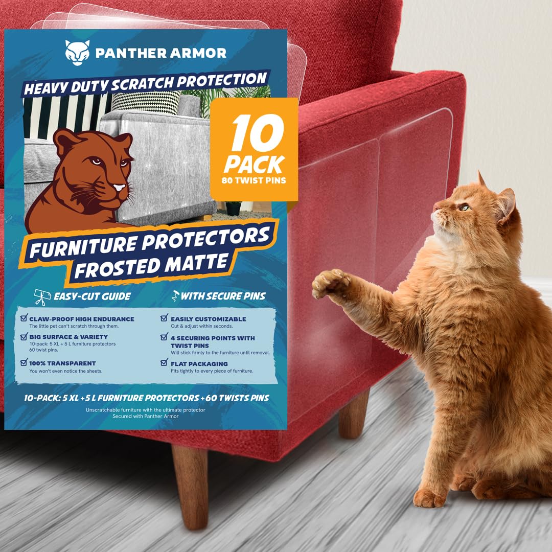 Panther Armor Cat Scratch Furniture Protectors In Frosted Matte, 10-Packs Of Flat Sheets To Protect Sofa From Cats & Dogs Scratc