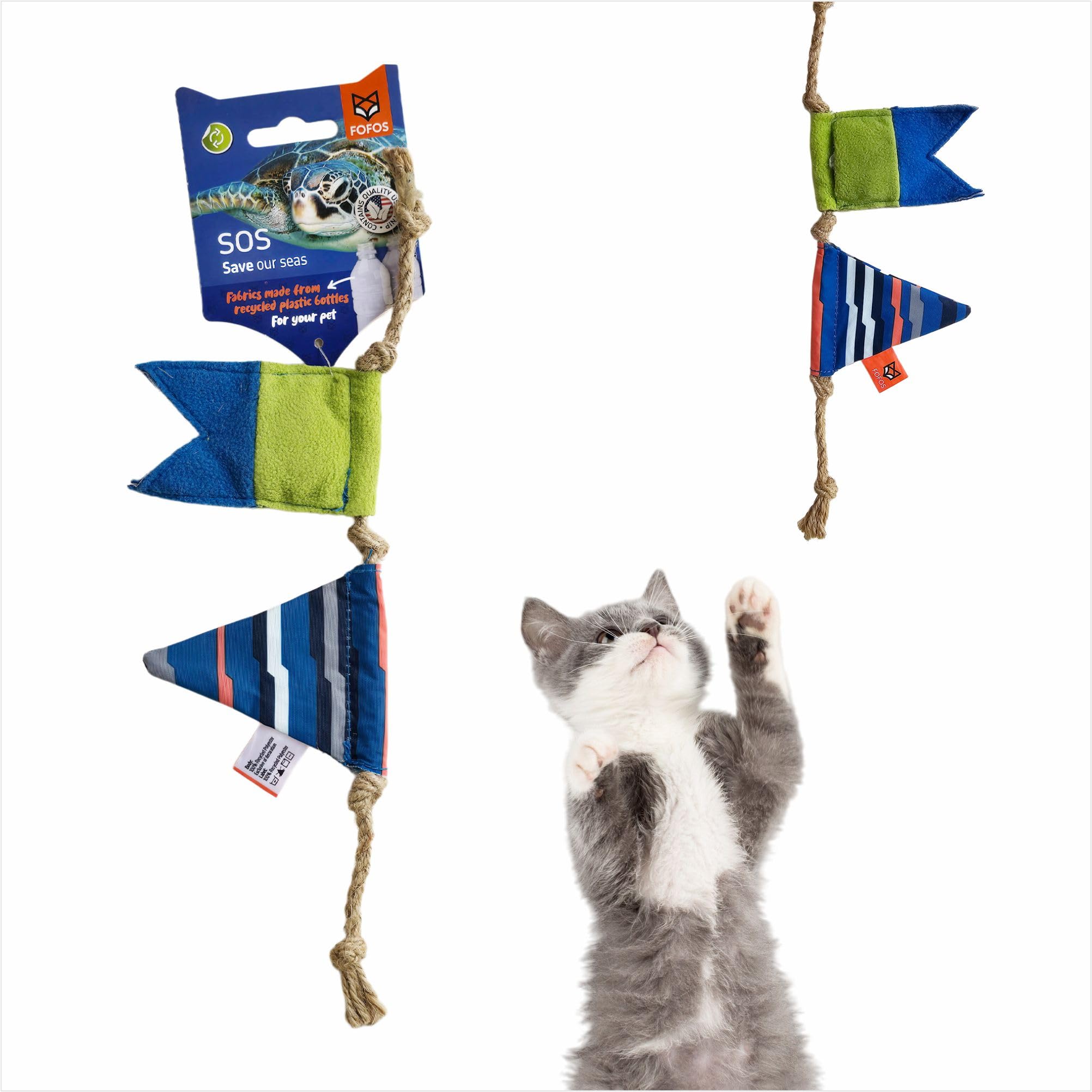 Barkbutler X Fofos S.O.S Flag Cat Teaser Toy  Us Grade Organic Catnip, Multicoloured, Recycled Plastic Bottles, Jute Rope Inter