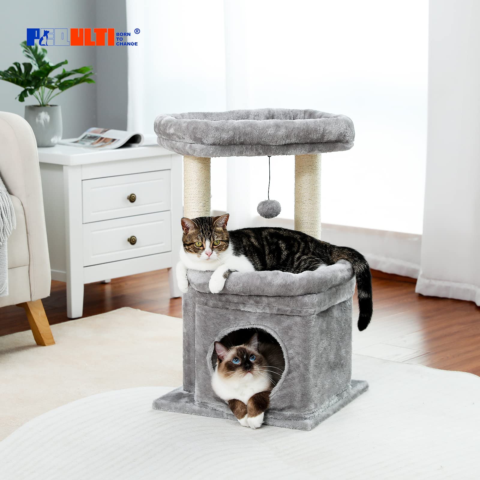 PEQULTI Cat Tree Tower for Indoor Cats, Cozy Condo, Sisal Scratching Posts, 27" Grey, Model AMT0179