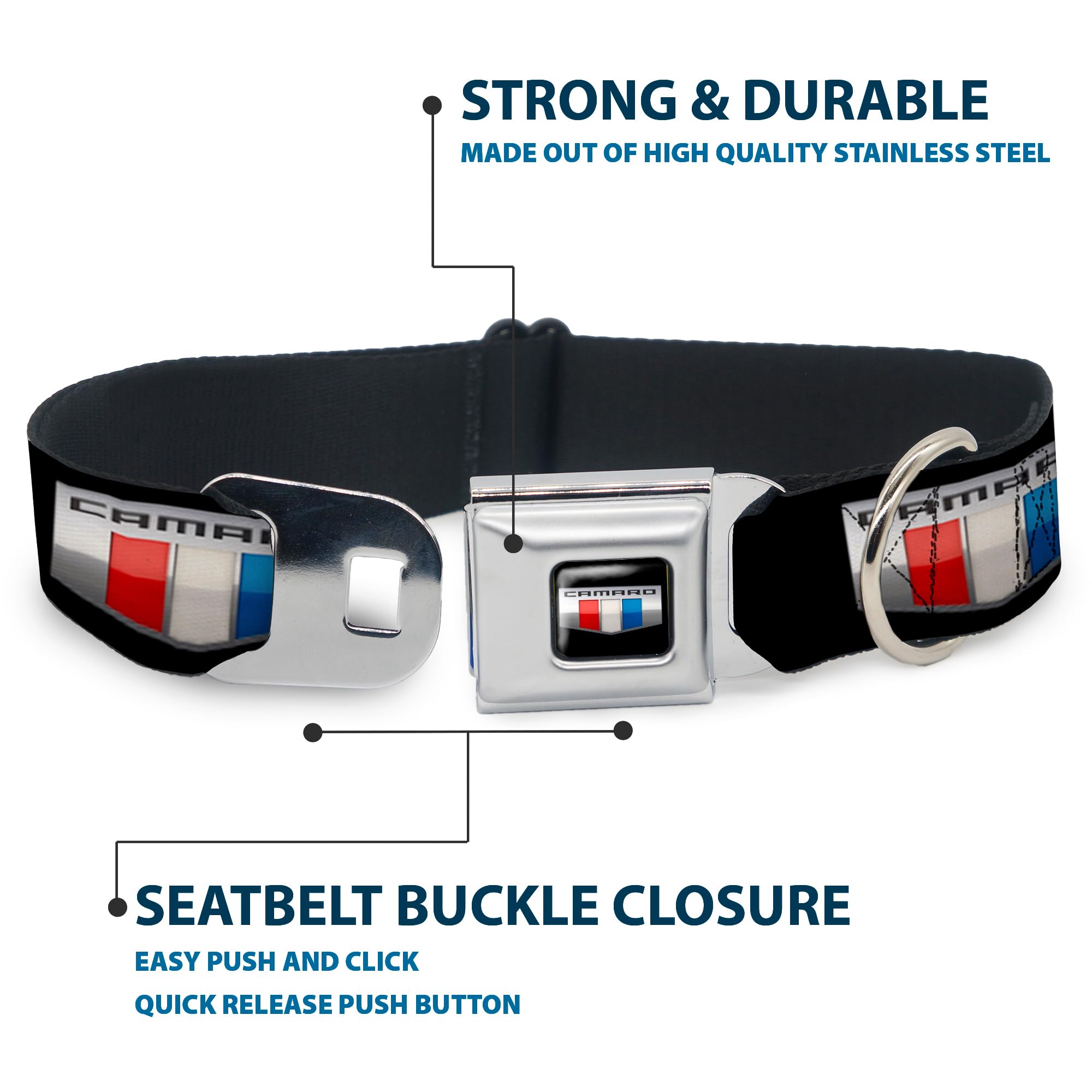 Buckle-Down Seatbelt Buckle Dog Collar - Camaro Six Badge Black/Silver/Red/White/Blue - 1.5'' Wide - Fits 16-23'' Neck - Medium