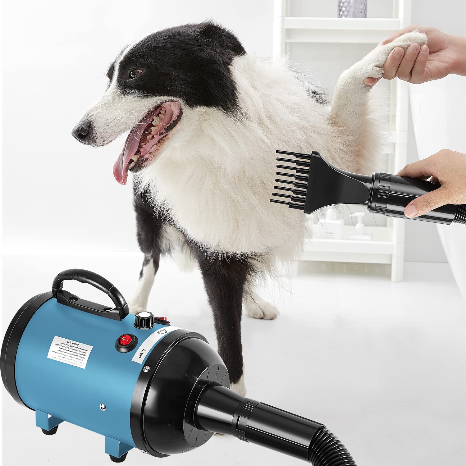 NESTROAD High Velocity Dog Dryer 4.3HP, Stepless Speed Adjustment, Metal, Blue, Ideal for Pet Grooming with 4 Nozzles