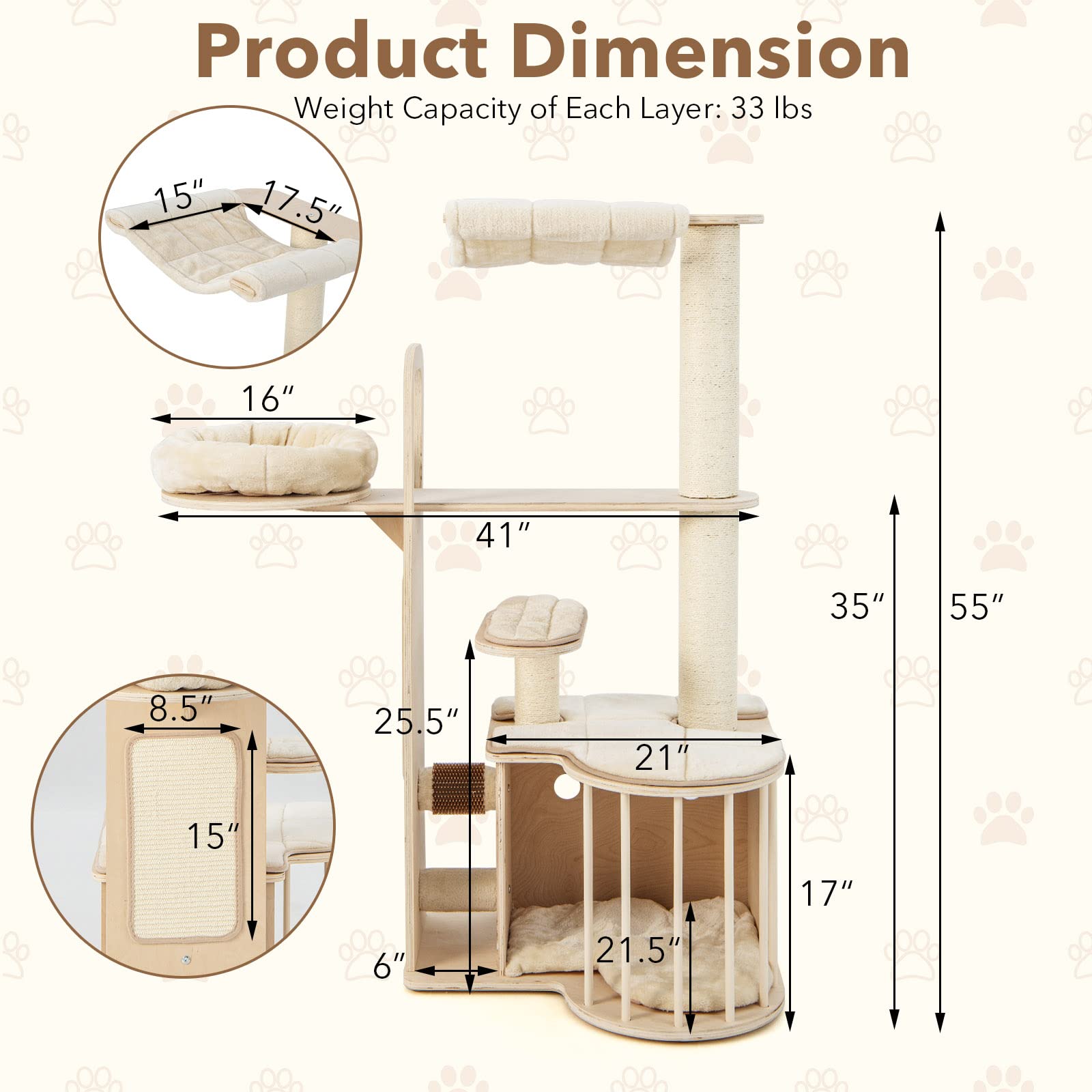 Tangkula Tall Cat Tree For Indoor Cats, 55 Inch Multi-Level Cat Tower Activity Center With Hammock, Cat Condo, Sisal Scratching Posts & Washable Cushions, Wooden Modern Cat Tree Houses For Large Cats