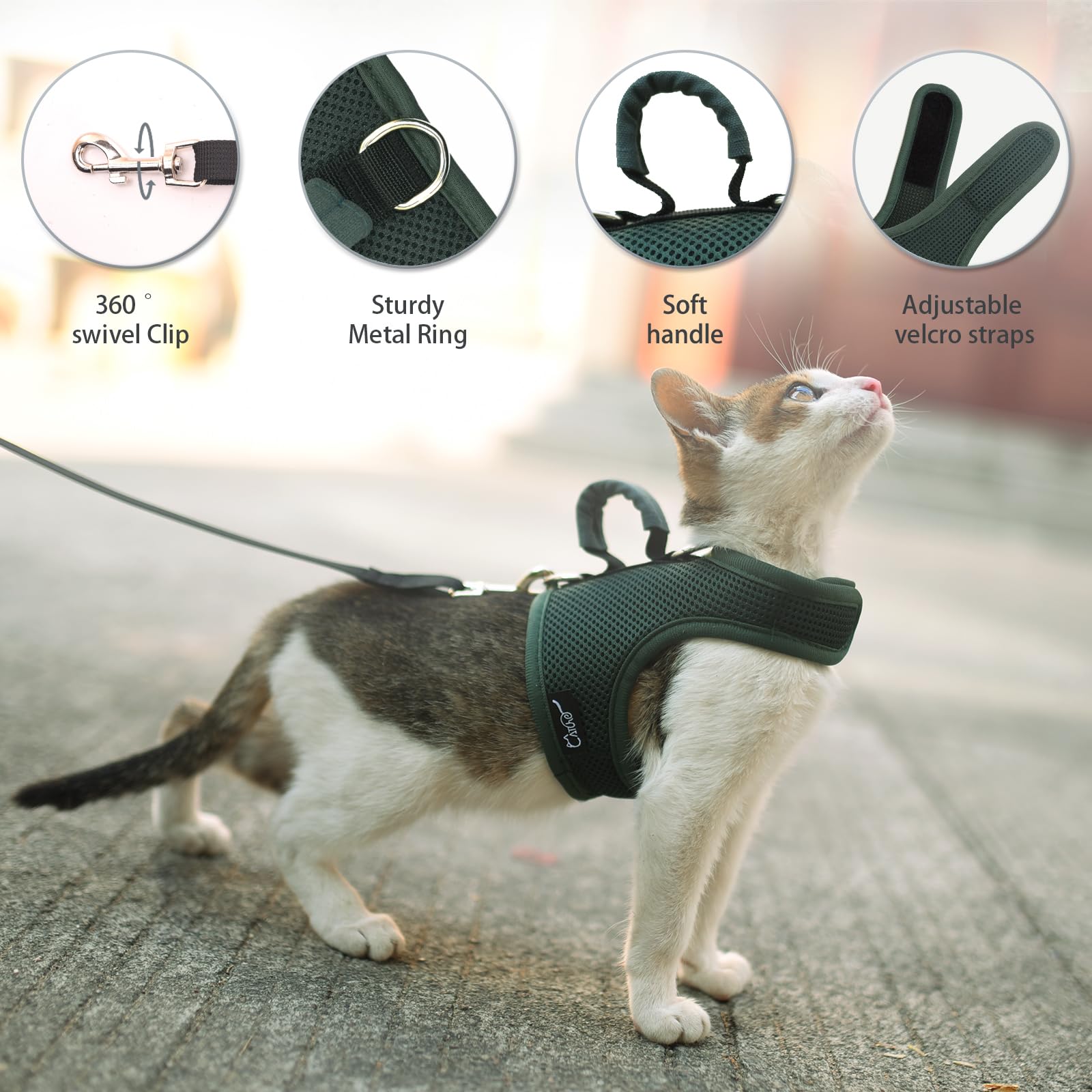 Cat Harness And Leash For Walking Escape Proof Breathable Mesh Fabric, Solid Green, Extra Large, Adjustable Cat Walking Jackets