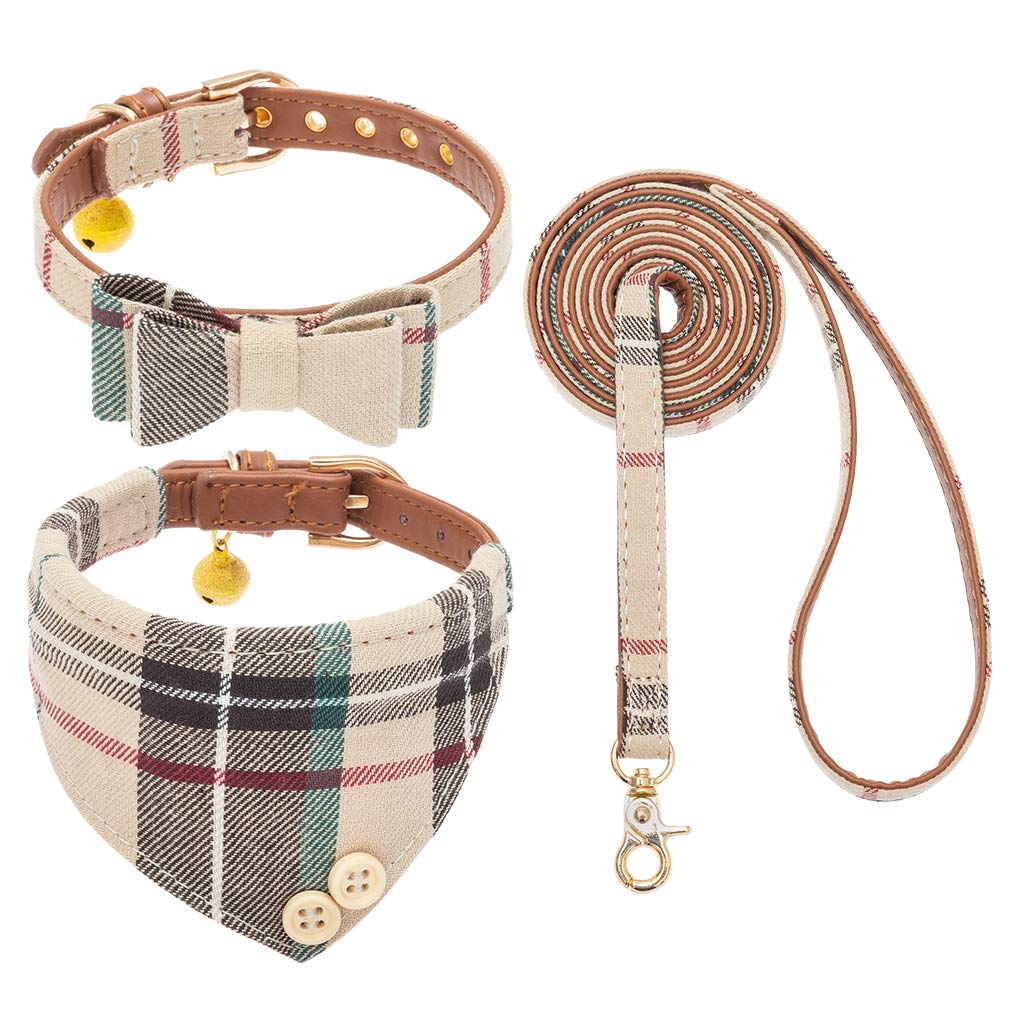 EXPAWLORER Dog Collar and Leash Set - Adjustable Plaid Bow Tie & Bandana, Small, Cream, Model INV005-01, Perfect for Dogs & Cats