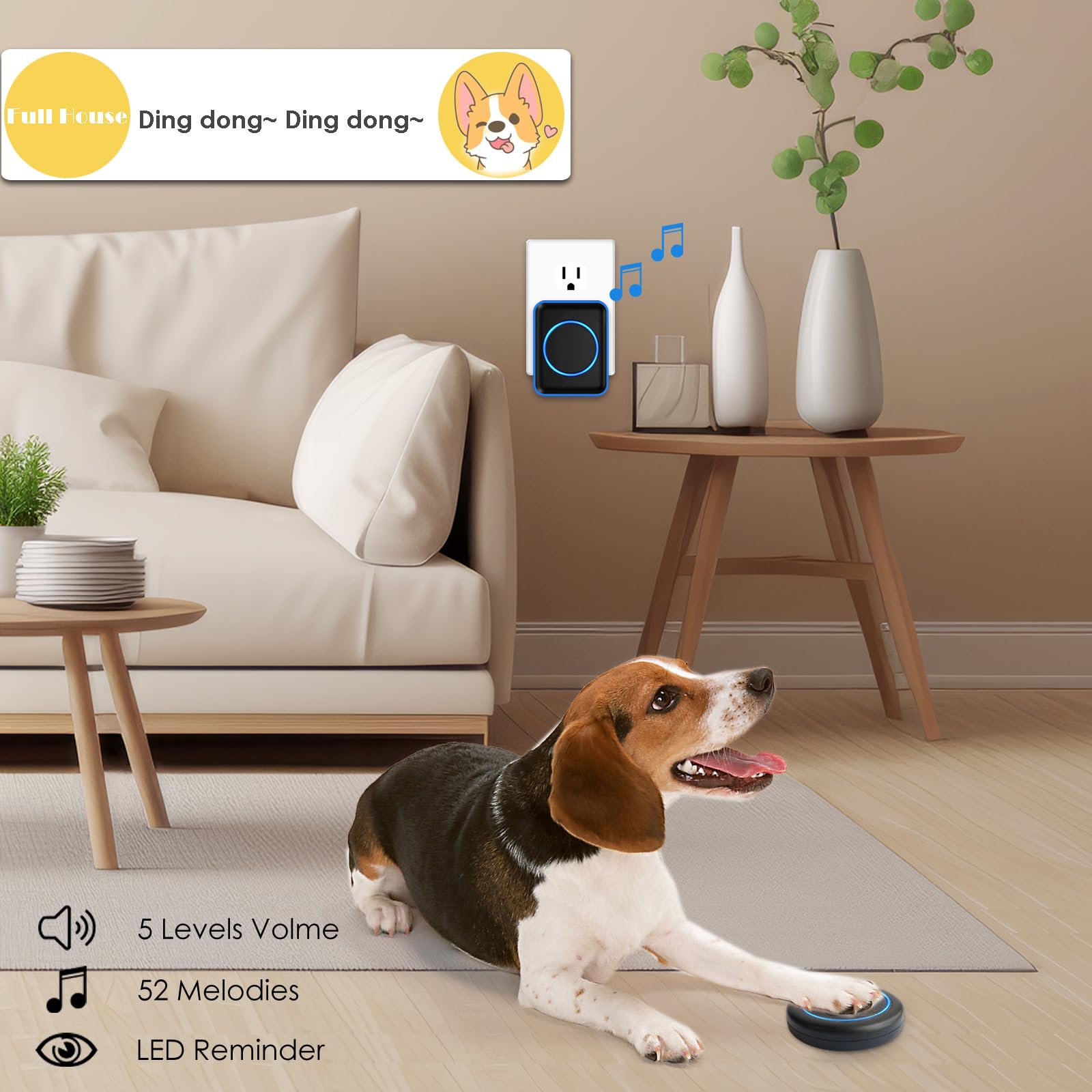 Full House Dog Doorbell For Potty Training, Wireless Pet Doggie Door Bell Training To Go Outside, Waterproof Touch Button, Over
