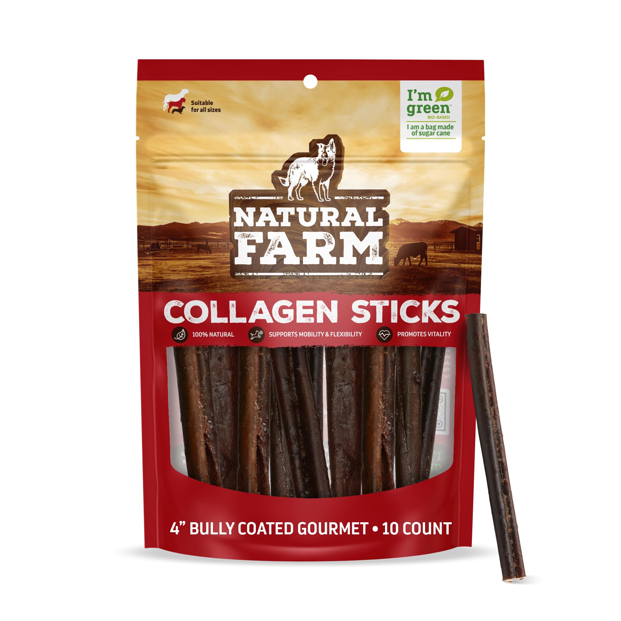 Natural Farm Bully Coated Gourmet Collagen Sticks (4 Inch, 10 Pack), Real Bully Beef Coated, 95% Natural Collagen Dog Chews, Sup