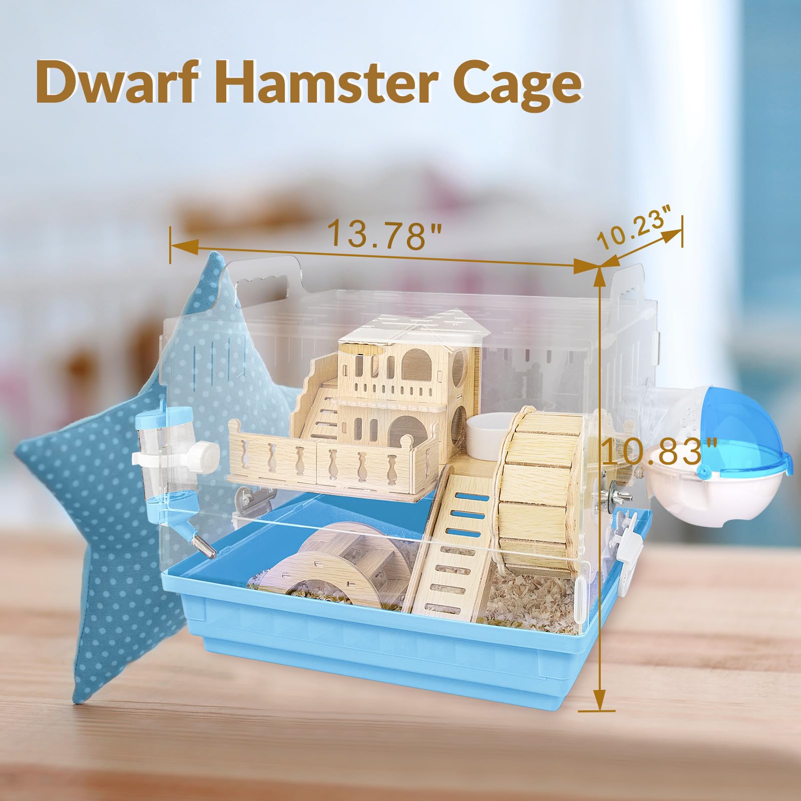 Cycodo 8 in 1 Acrylic Hamster Cage, 2-Tier Small Animal Habitat, 14"L x 10"W x 11"H, Green with Wooden Wheel & Hideout