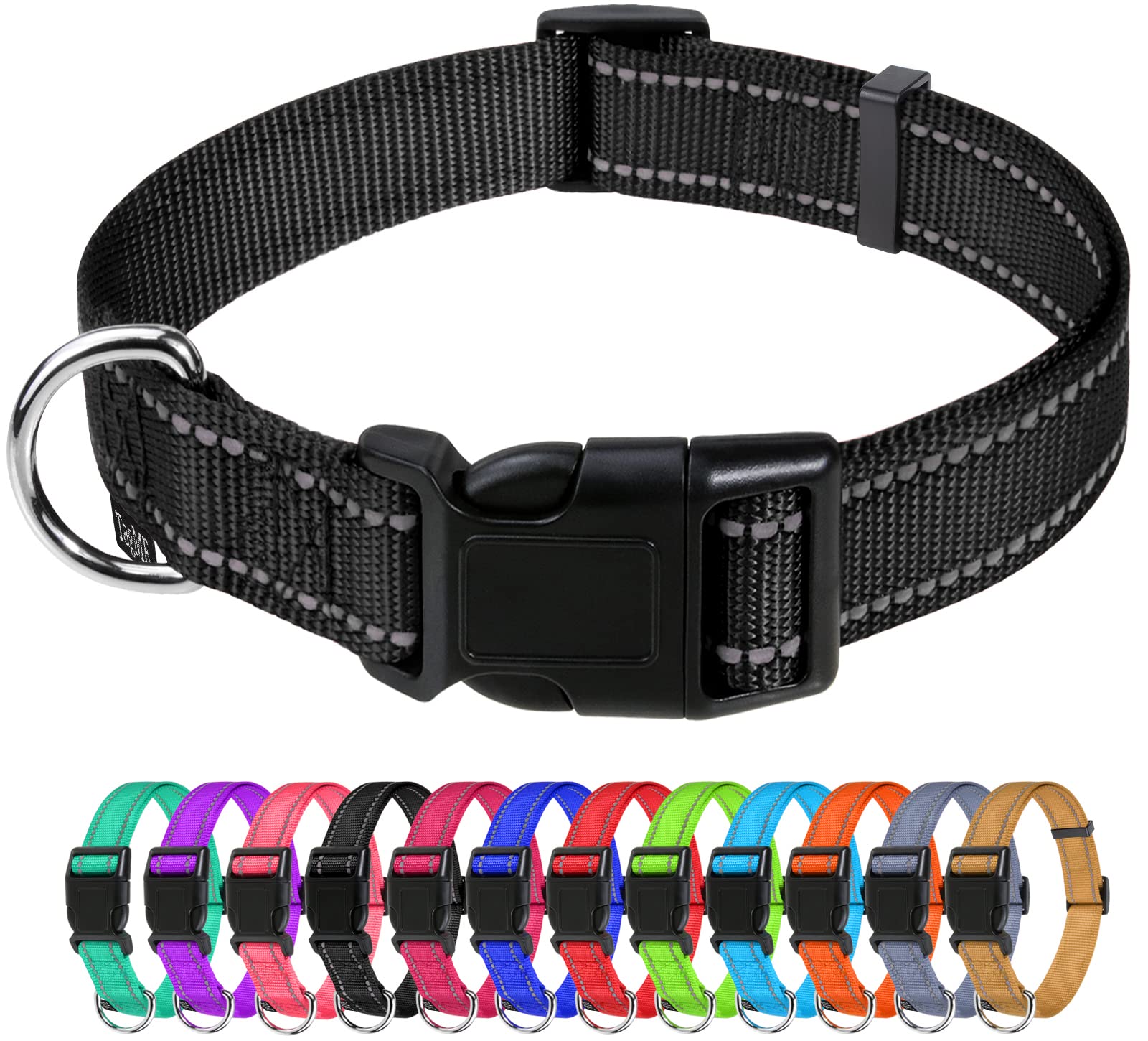 Tagme Reflective Nylon Dog Collars, Adjustable Classic Dog Collar With Quick Release Buckle For Extra Large Dogs, Black, 1¼' Width