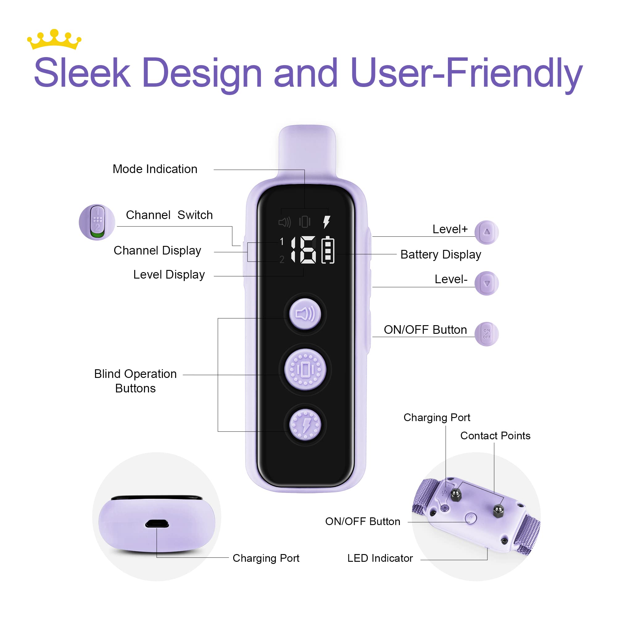 Bousnic Dog Shock Collar For 2 Dogs - (8-120Lbs) Waterproof Rechargeable Electric Dog Training Collar With Remote For Small Medium Large Dogs With Beep Vibration Safe Shock Modes(Purple)
