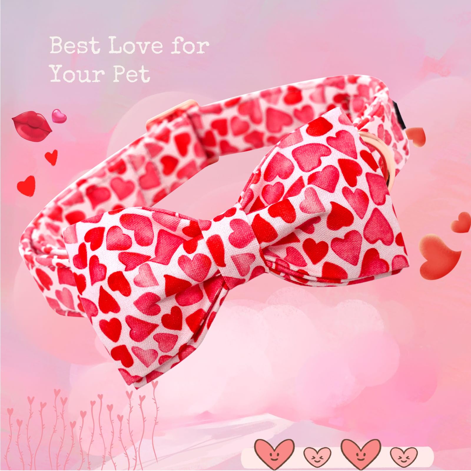 Lionheart Glory Dog Collar With Bowtie Valentine'S Day Dog Collar For Small Dogs, Hearts Pattern, Handmade Bow, Unique Design, C