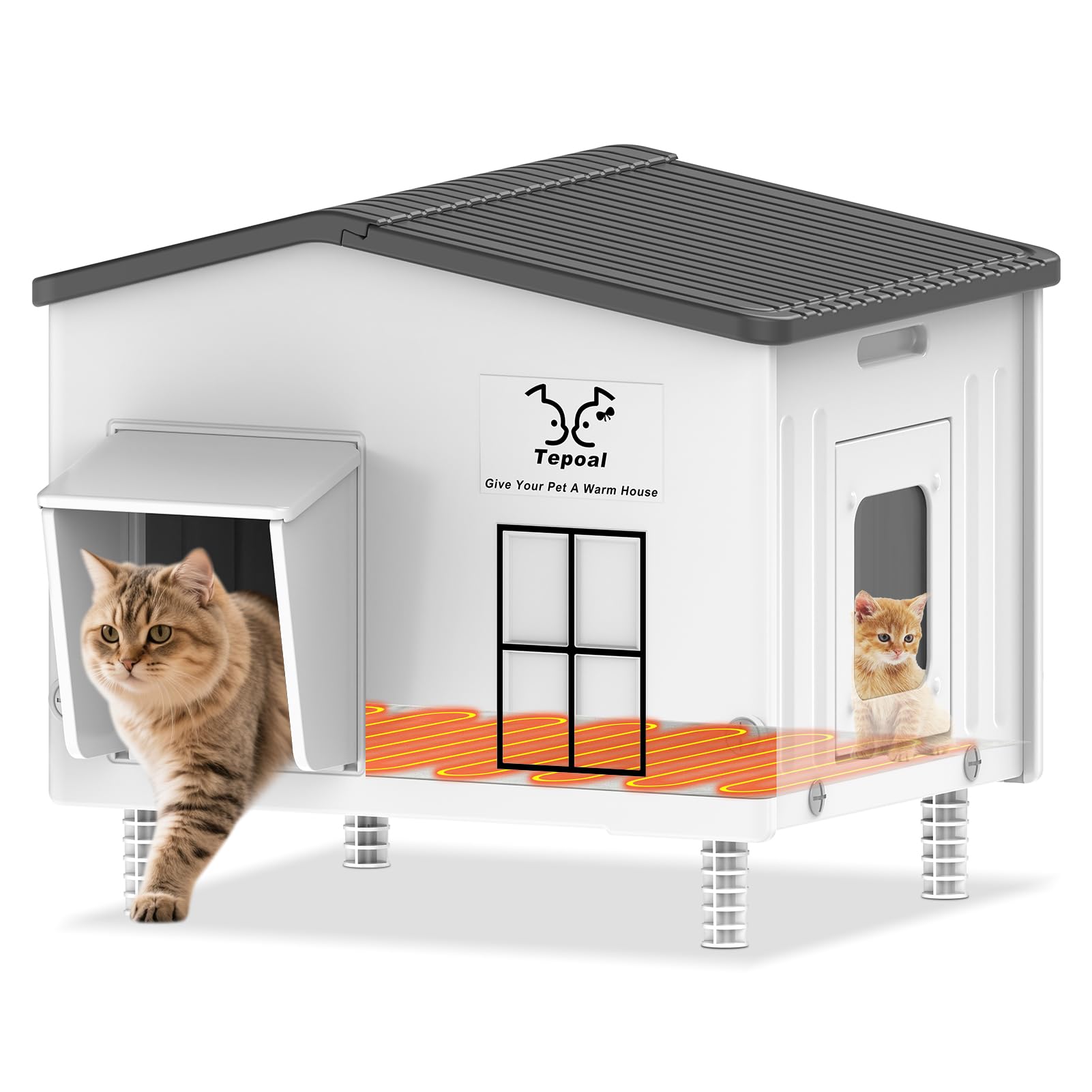 Dahivs Indestructible Large Heated Cat House for Outside, Heated Outdoor Cat House 100% Weatherproof with Escape Door, Insulated
