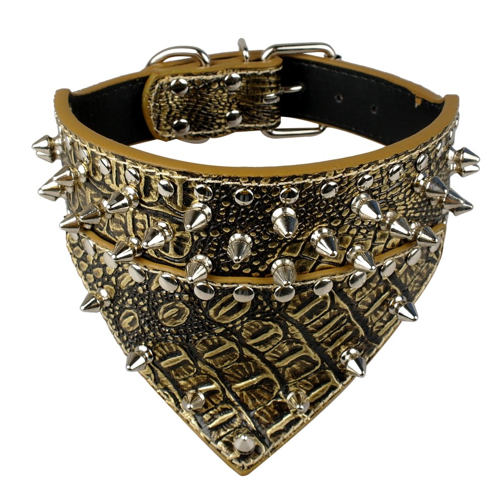 Dogs Kingdom 20-26 Length Triangle Collar Design Spiked Silver Rivets Studded Leather Dog Collar Heavy Duty for Medium Large Bre