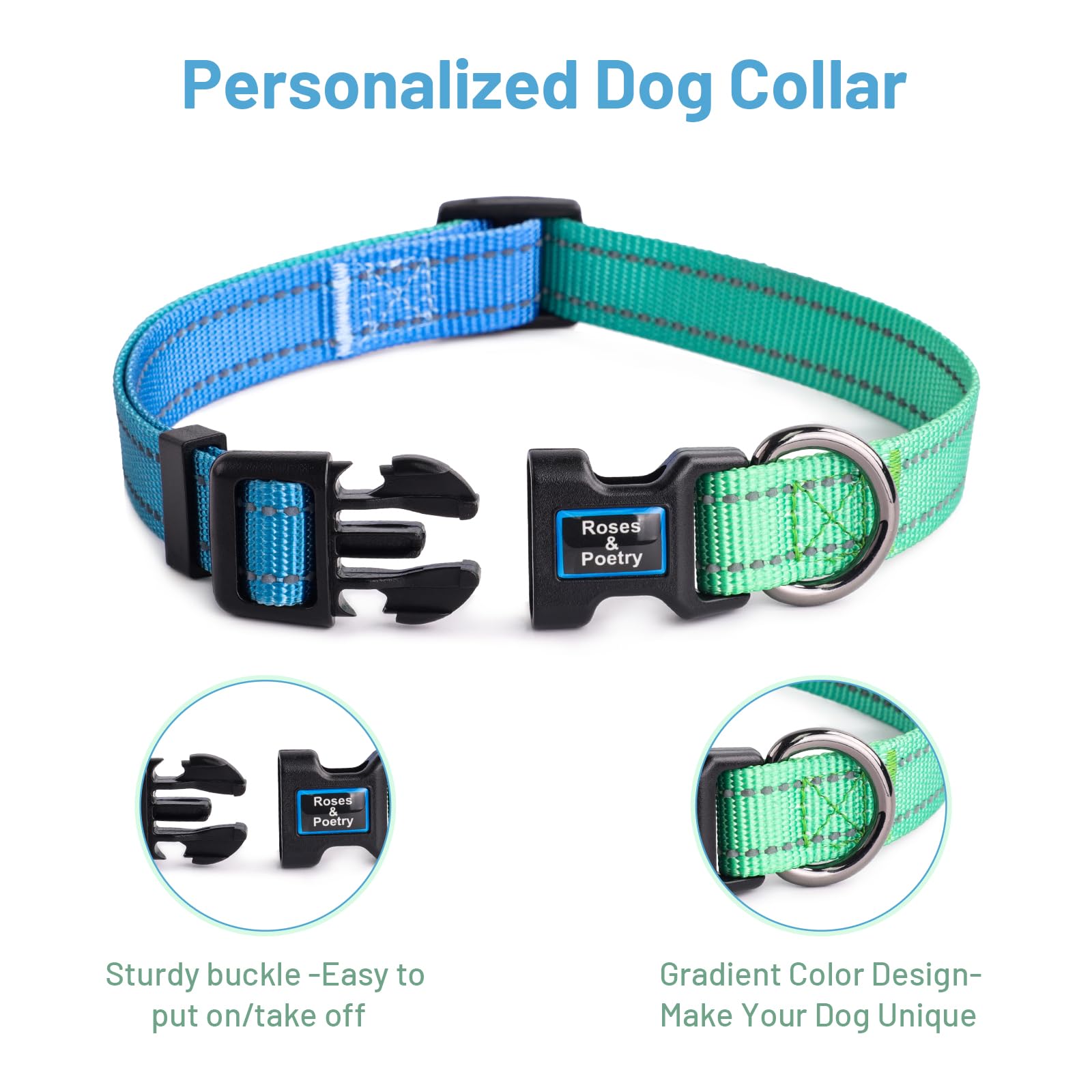 Roses&Poetry Collars For Dogs, Adjustable Reflective Durable Pet Collars For Small Medium Large Dogs (Bluegreen-Xs)