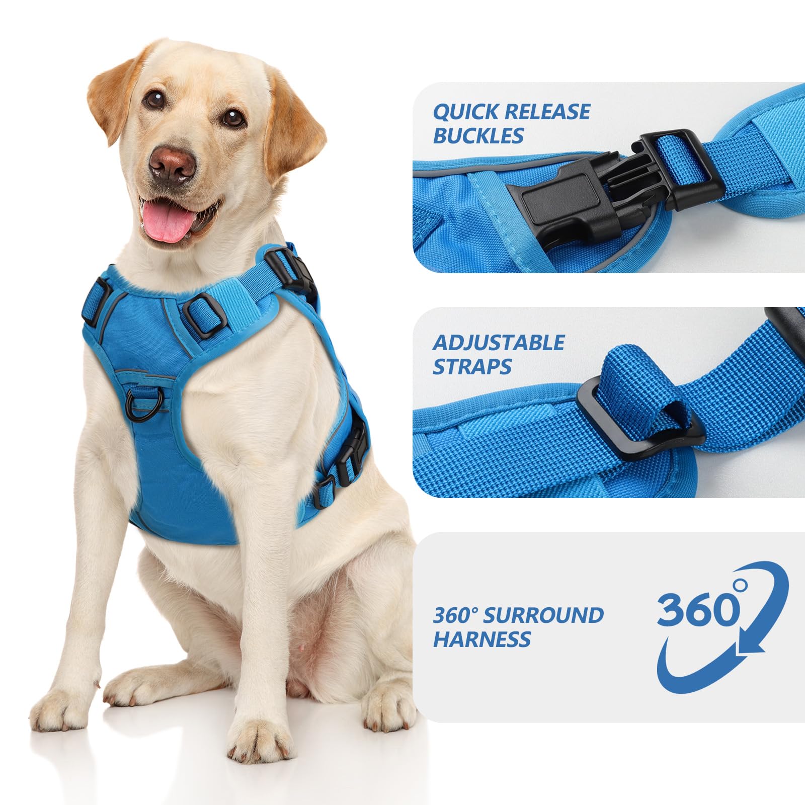 Wingoin Blue Tactical Dog Harness For Large Dogs No Pull Adjustable Pet Harness With Handle Reflective K9 Military Service Dog Vest For Walking Hiking Training (Xl)
