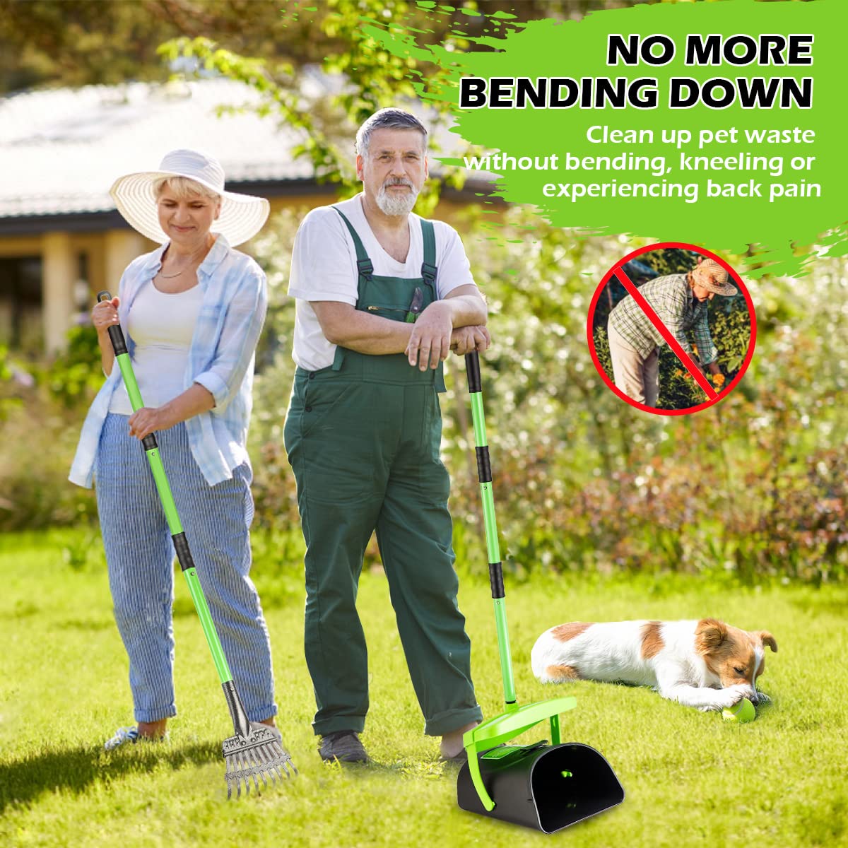 MXF Pooper Scooper Kit with 36.6" Adjustable Handle, Green - Includes Swivel Bin, Rake, and 20 Waste Bags for Dogs