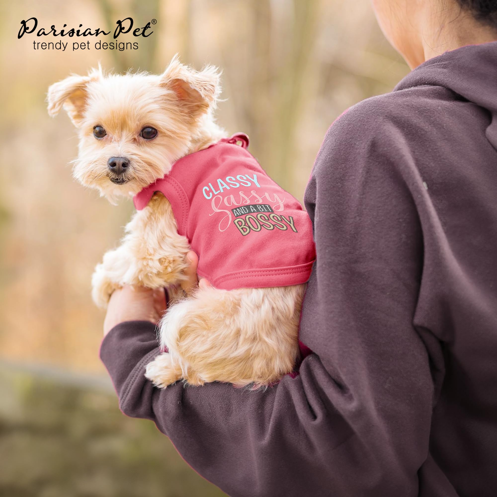 Parisian Pet Dog T-Shirt With Embroidered 'Classy, Sassy And Bit Bossy' Words - 100% Cotton, Pink Dog Clothes - Cute Pet Vest - Machine Washable Dog Shirts For Small Dogs, S