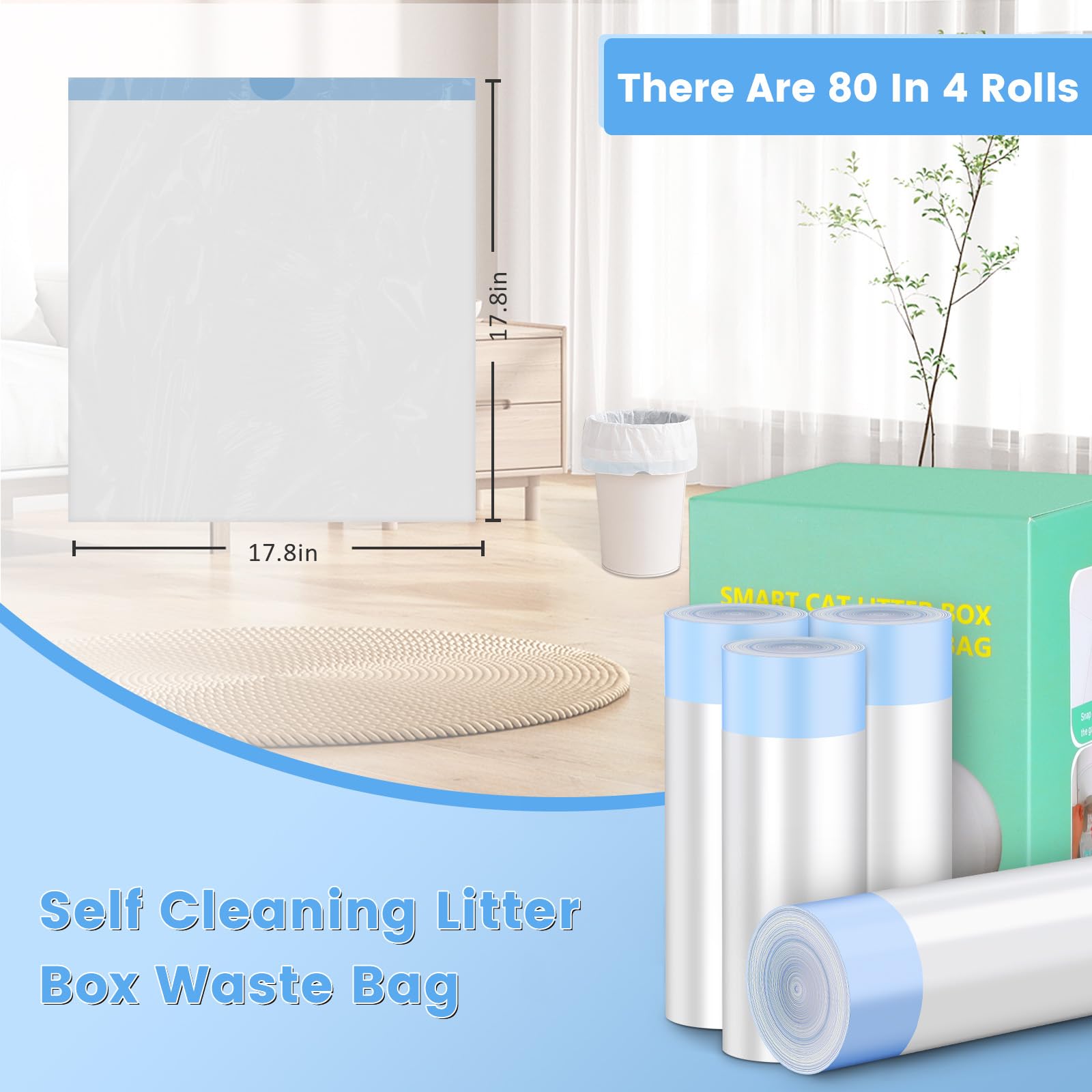80 Count Cat Litter Bags, Self Cleaning Litter Box Liners, 18.2 X 18.2 Inches Replacement Drawstring Bags Fit For Automatic Robo