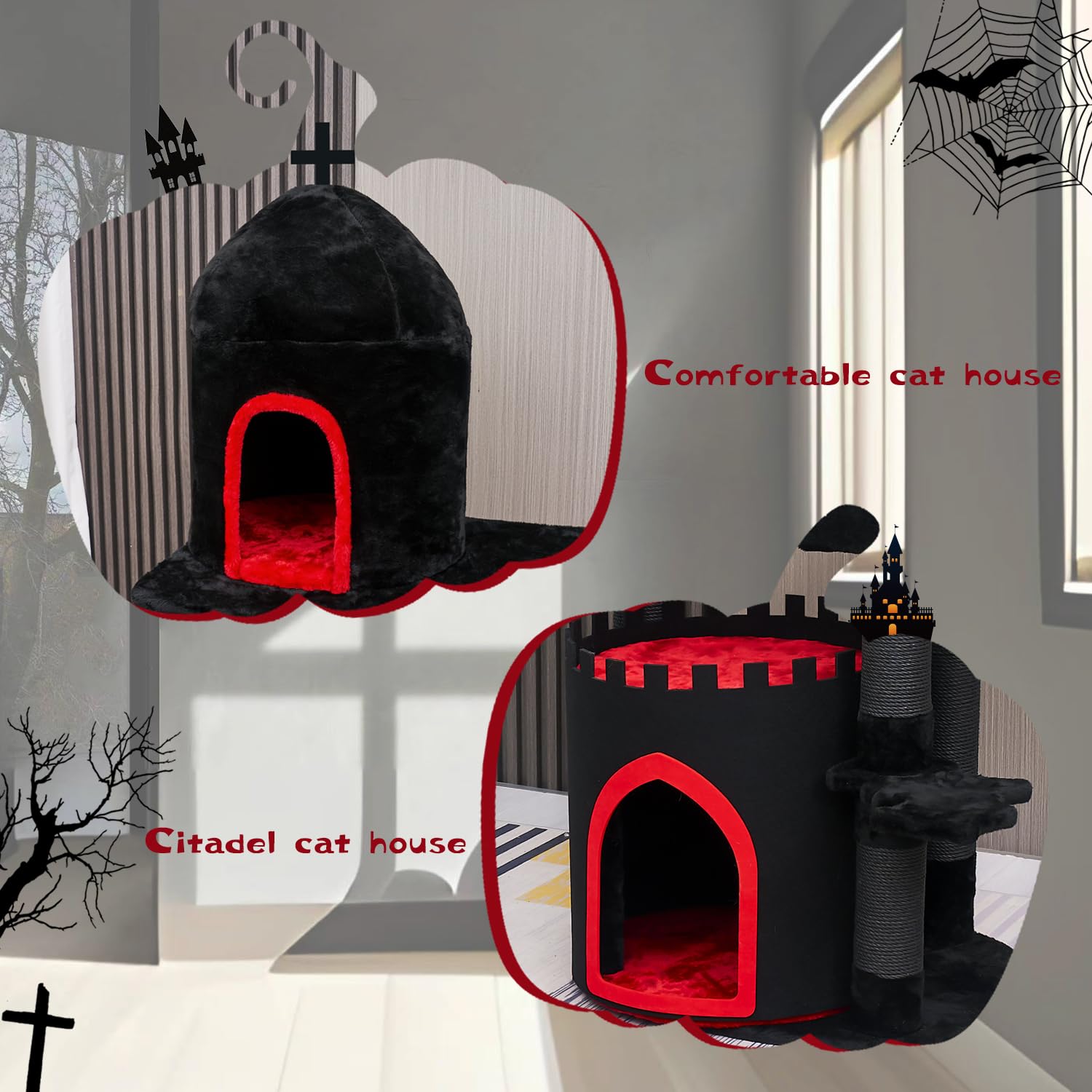 Yaruomy Gothic Cat Tree Castle, 56In Black Cat Tower With Coffin Cat Bed, Spacious Cat Condo For Halloween Cat, Kraft Twine Scra