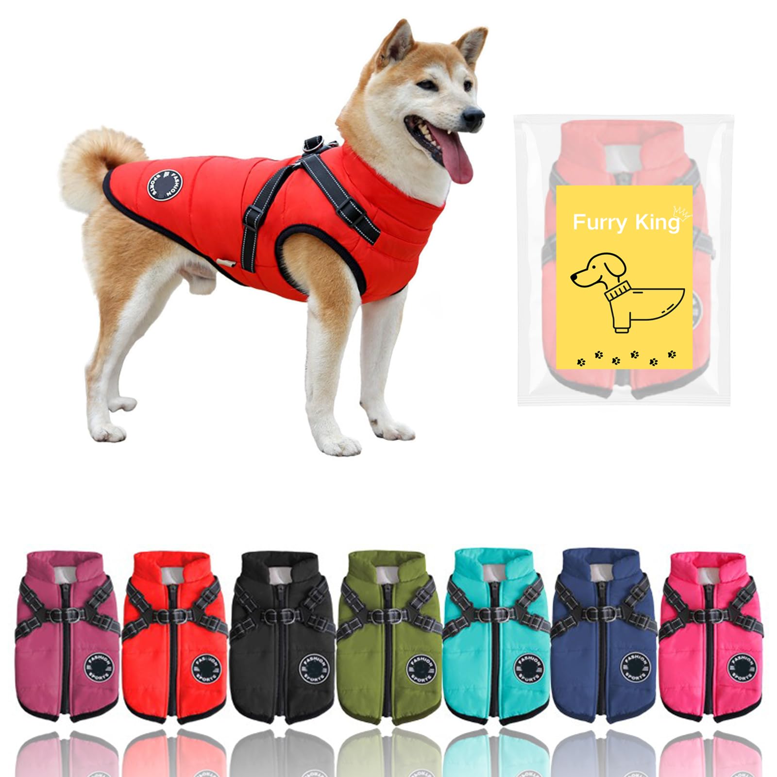 Furry King Dog Winter Coat With Harness, 7 Colors, Waterproof, Fleece Lined. (Red, Medium)
