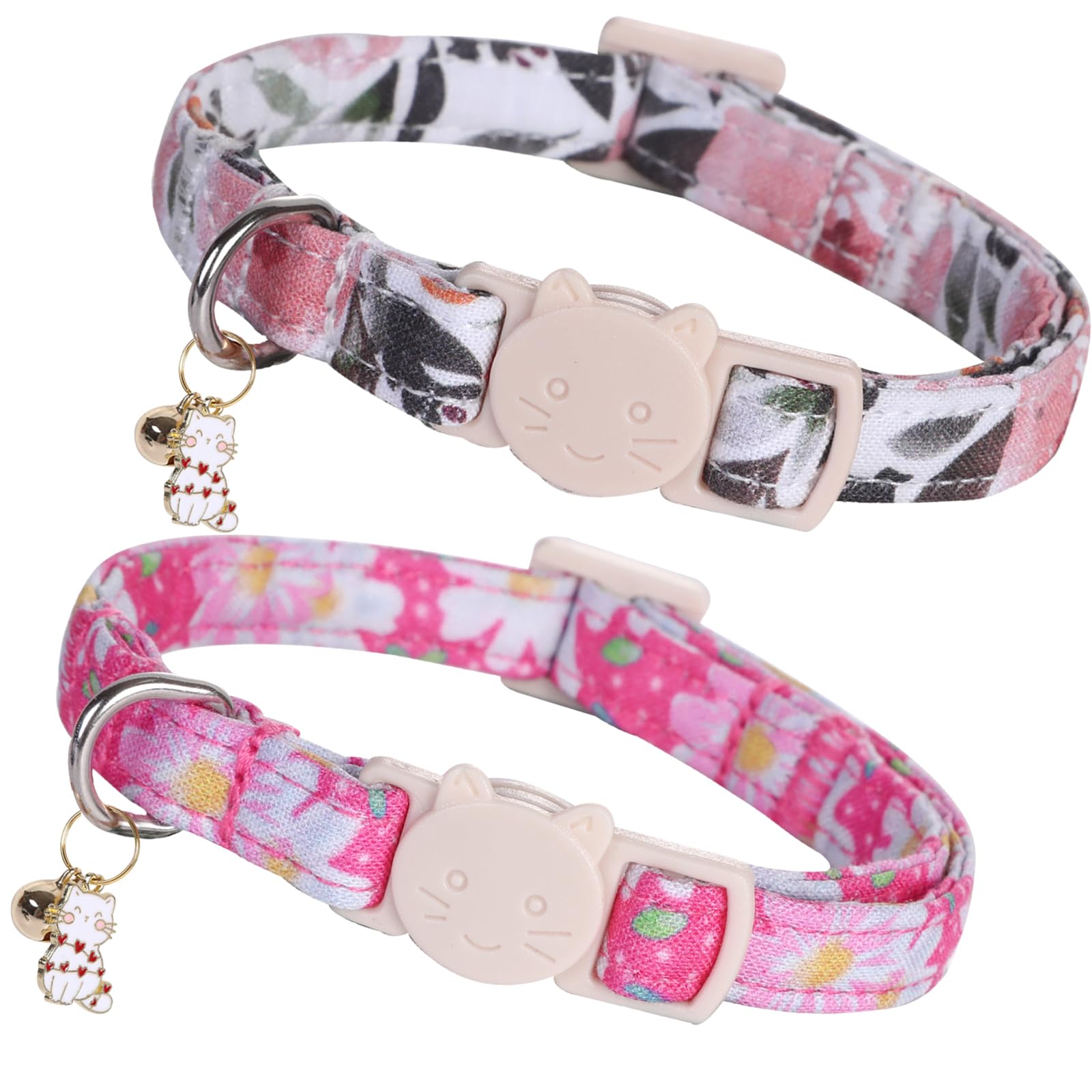 Elegant Little Tail 2 Pack Cat Collar-Pink Floral Print Cotton Breakaway Cat Collars With Bell Pendant Kitten Safety Adjustable 