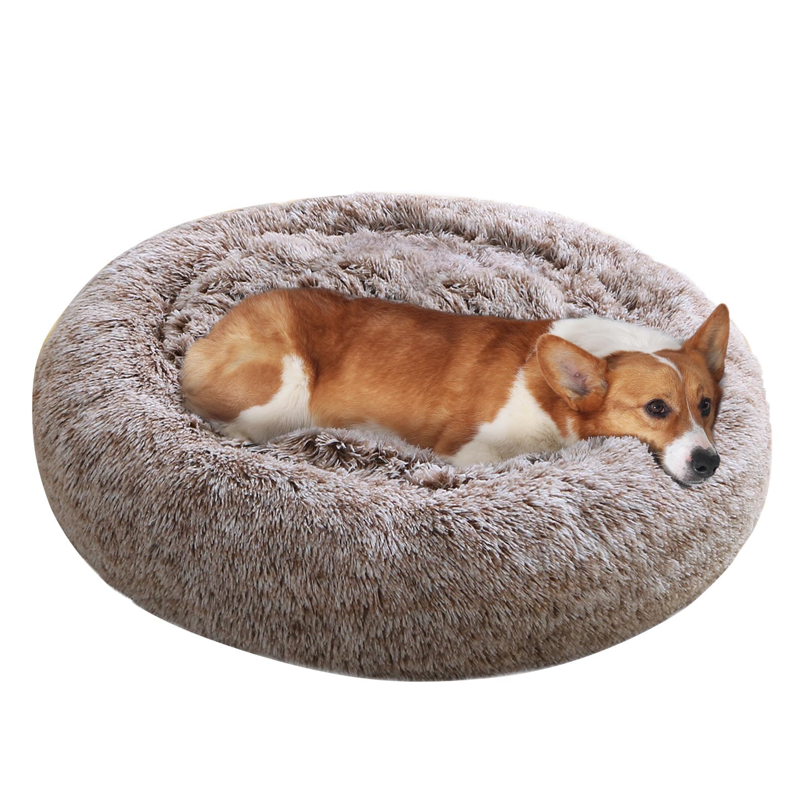 JOLLYVOGUE Dog & Cat Bed, Calming Faux Fur Donut Cushion for Small Pets, 20" Brown