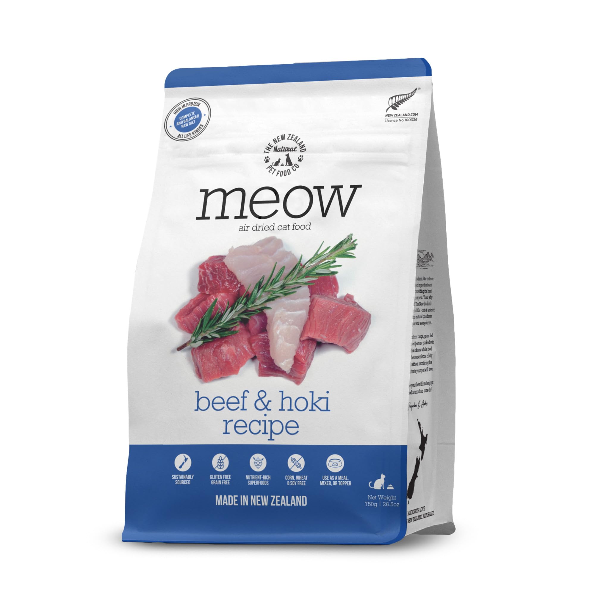 The New Zealand Natural Pet Food Co. Meow Air Dried Cat Food - Beef & Hoki Recipe - Topper, Mixer or as Cat Training Treats, All
