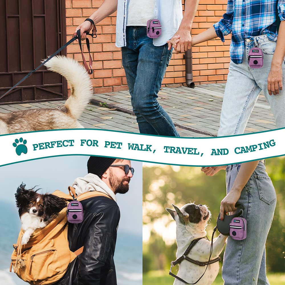 Petami Dog Poop Bag Holder | Dog Waste Bag Dispenser With Clip For Leash And Belt | Portable Fabric Doggy Waste Bag Holder For Walking Hiking Running Travel - With One Roll Of Dog Bag (Heather Purple)