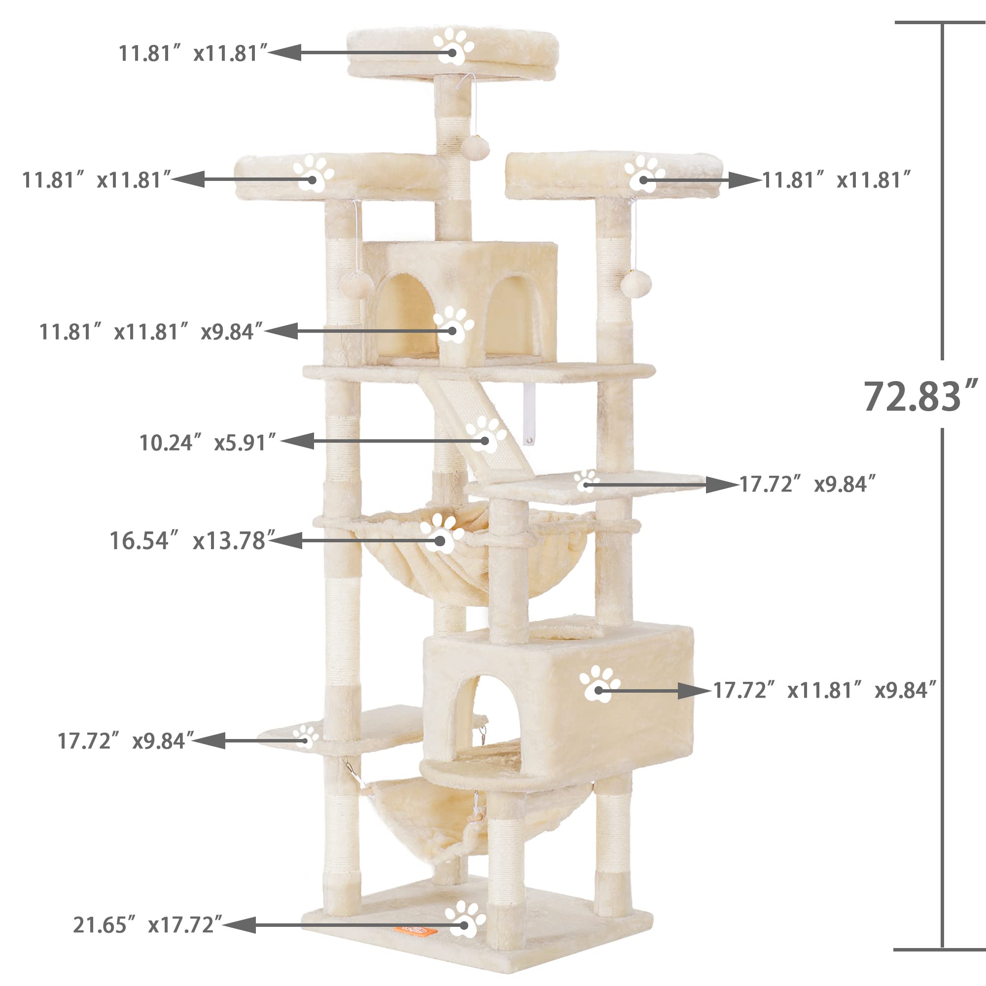 Heybly Cat Tree, 73 Inches Tall Cat Tower For Large Cats 20 Lbs Heavy Duty For Indoor Cats,Big Cat Furniture Condo For With Padded Plush Perch, Cozy Basket And Scratching Posts Beige Hct030M