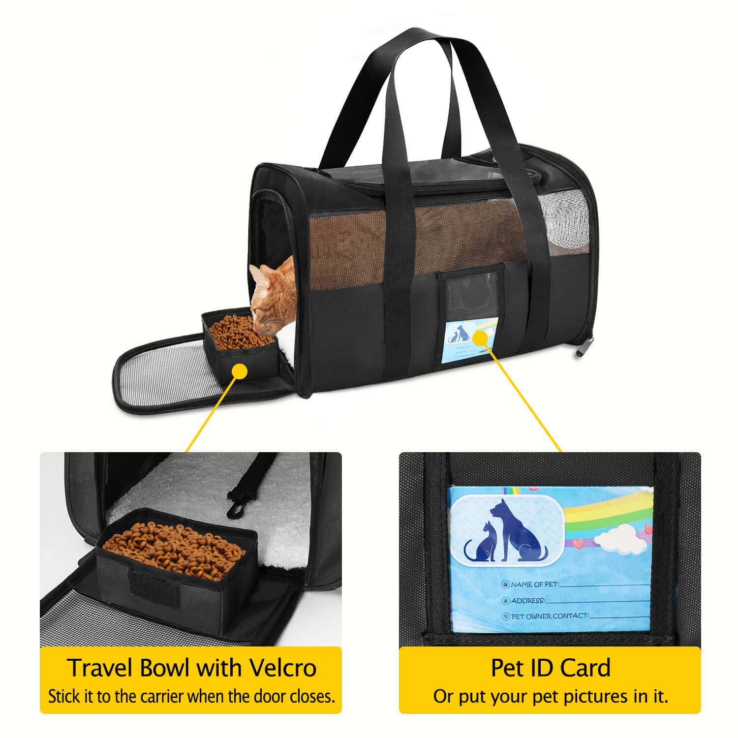 Refrze Pet Carrier - Airline Approved Soft Carrier for Medium Cats & Small Dogs, Black, 15 lbs Capacity, TSA Compliant, Polyester
