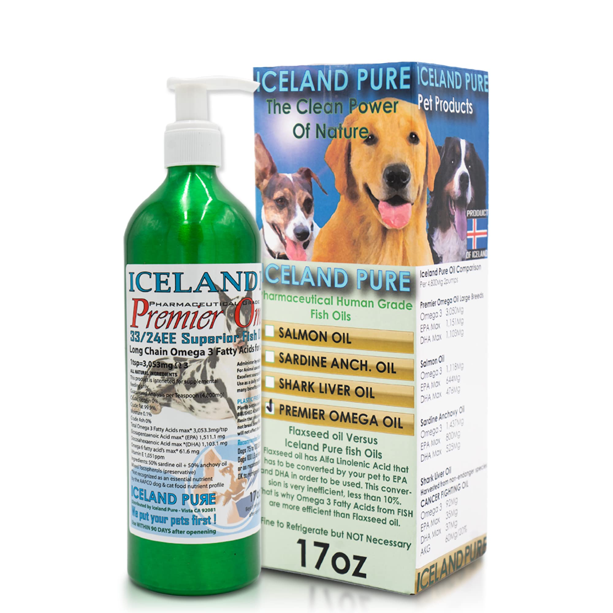 Premier Omega Fish Oil Supplement by Iceland Pure | Wild Caught | 3053mg of Omega-3 per teaspoon | For Large Dog Breeds | Ethyl 