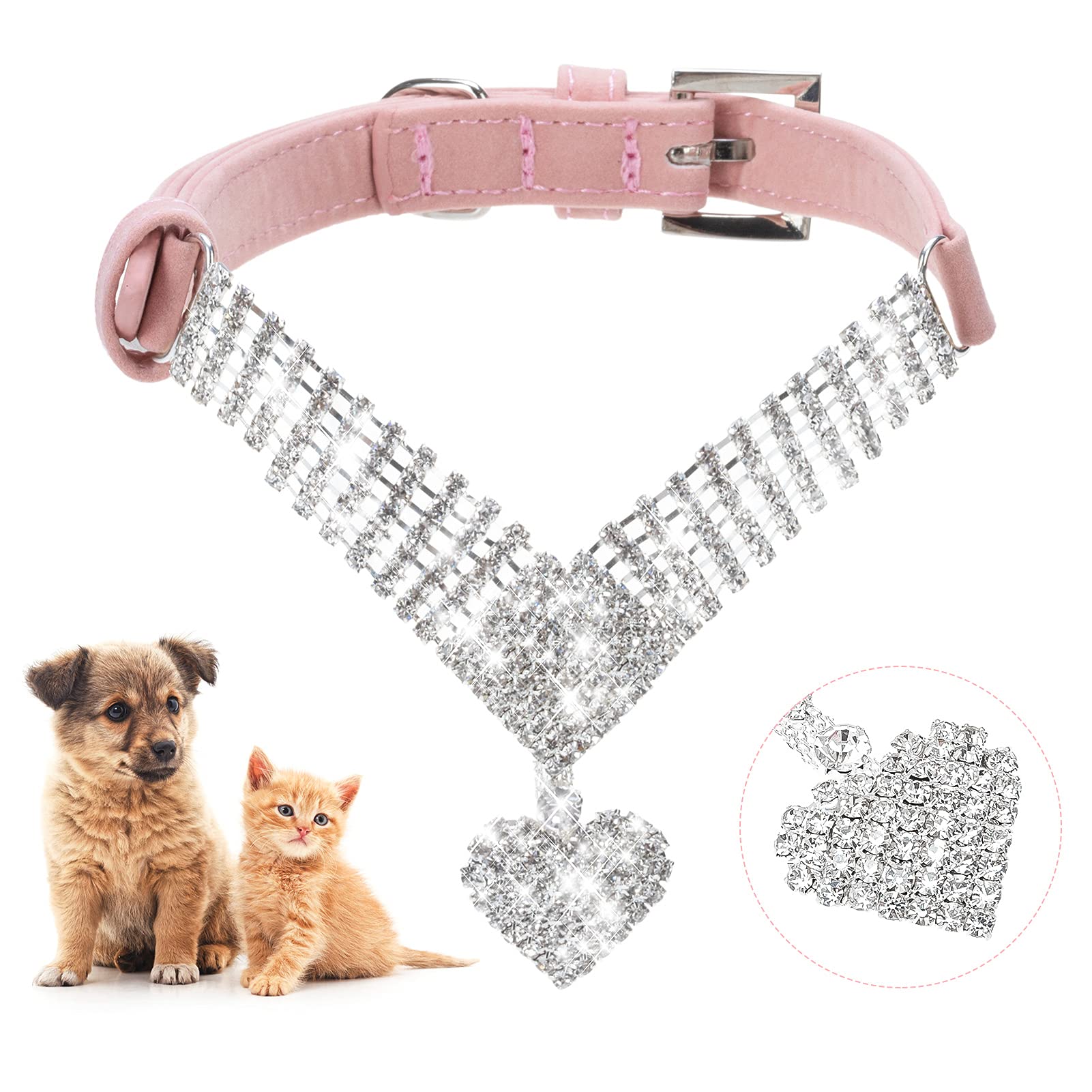 Expawlorer Cute Dog Necklace - Rhinestone Dog Collar, Soft Velvet Collar For Girl Boy Cats Dogs, Sparkling Pet Neck Decoration, Adjustable Pet Collar For Puppies Cats Small Medium Dogs, Pink M