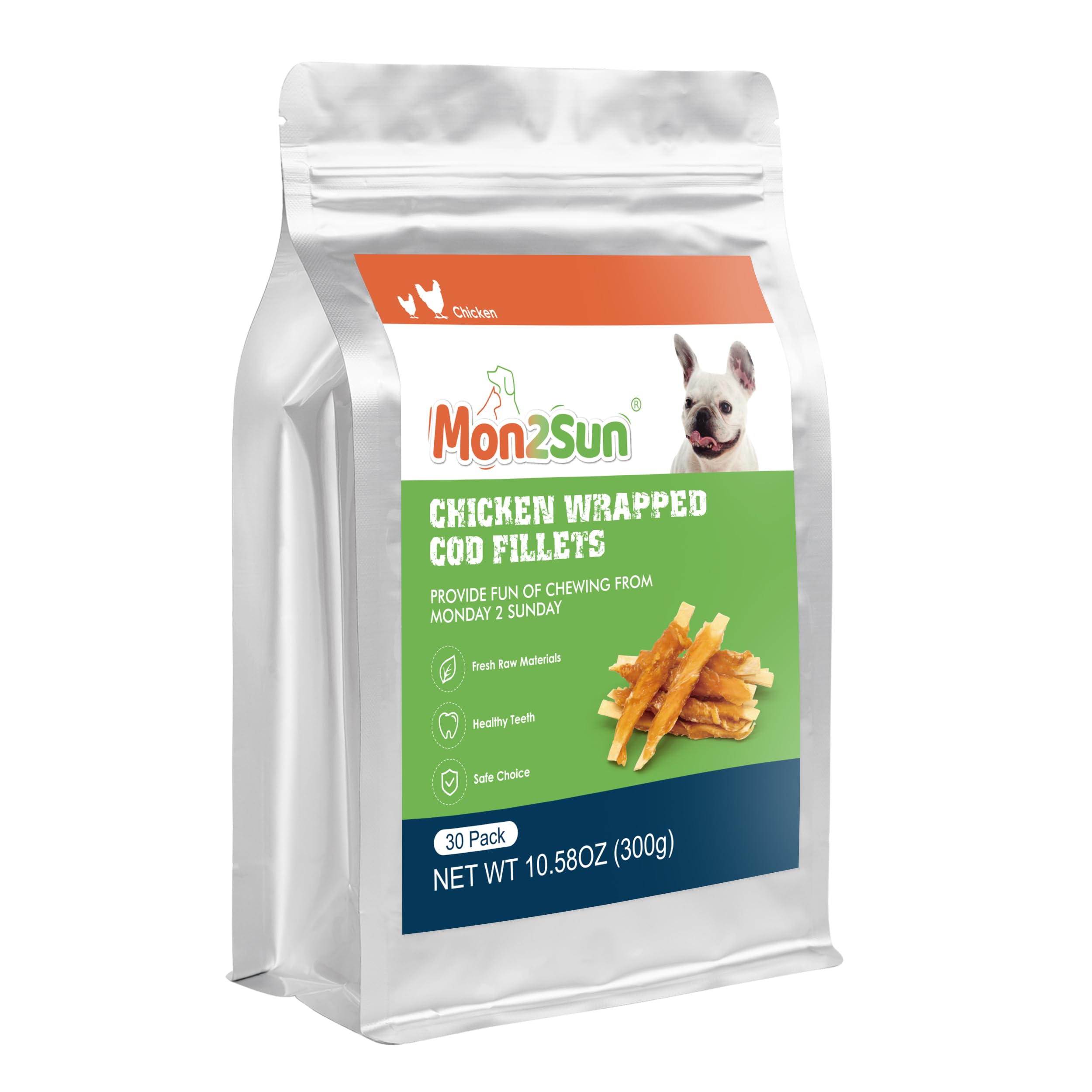 MON2SUN Rawhide Free Dog Treats, 4 Inch Chicken Wrapped Cod Fillet Dog Snacks for Small Dogs, Soft and Training Treats, 10.58oz