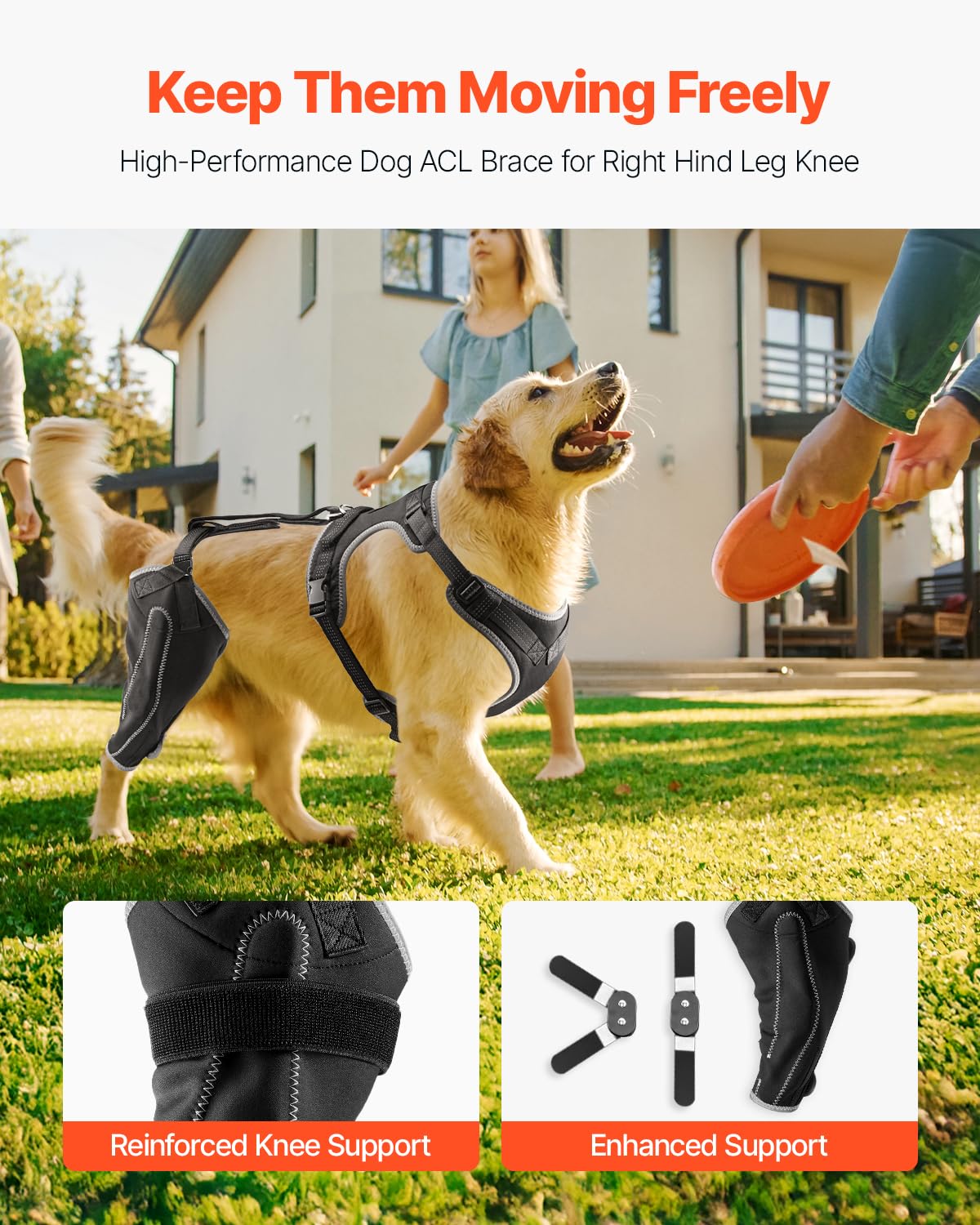 VEVOR Dog Knee Brace for Torn ACL, Dog Leg Brace with Adjustable Hinge Stabilizer, Pet Knee Support Harness for Right Hind Leg,