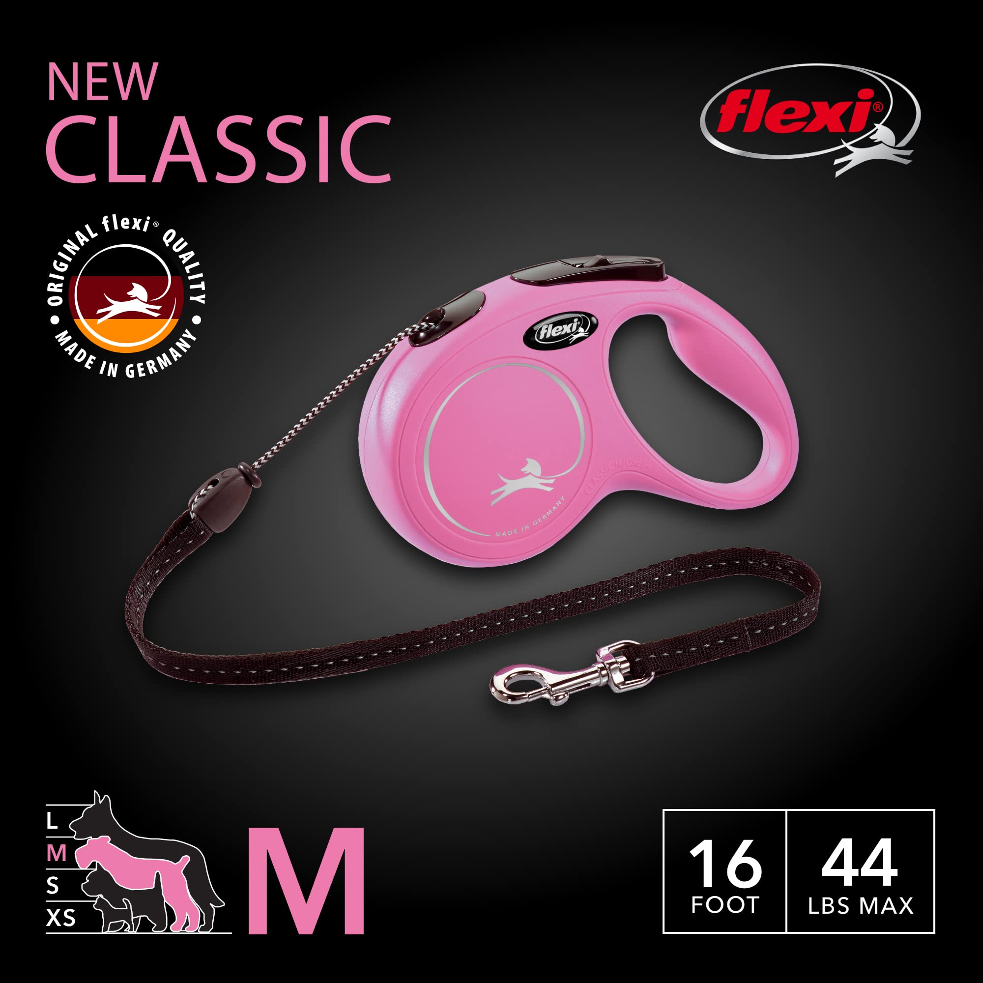 Flexi New Classic Retractable Dog Leash (Cord), 16 ft, Medium, Pink