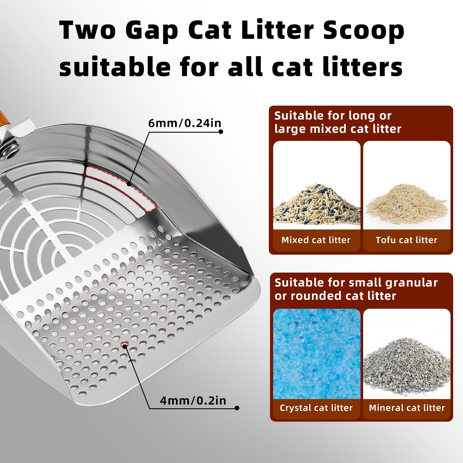 Ownpets Stainless Steel Cat Litter Scoop With Stand - Durable Wood Handle, Double-Wide Holes, Quick-Filter Design, Easy To Clean