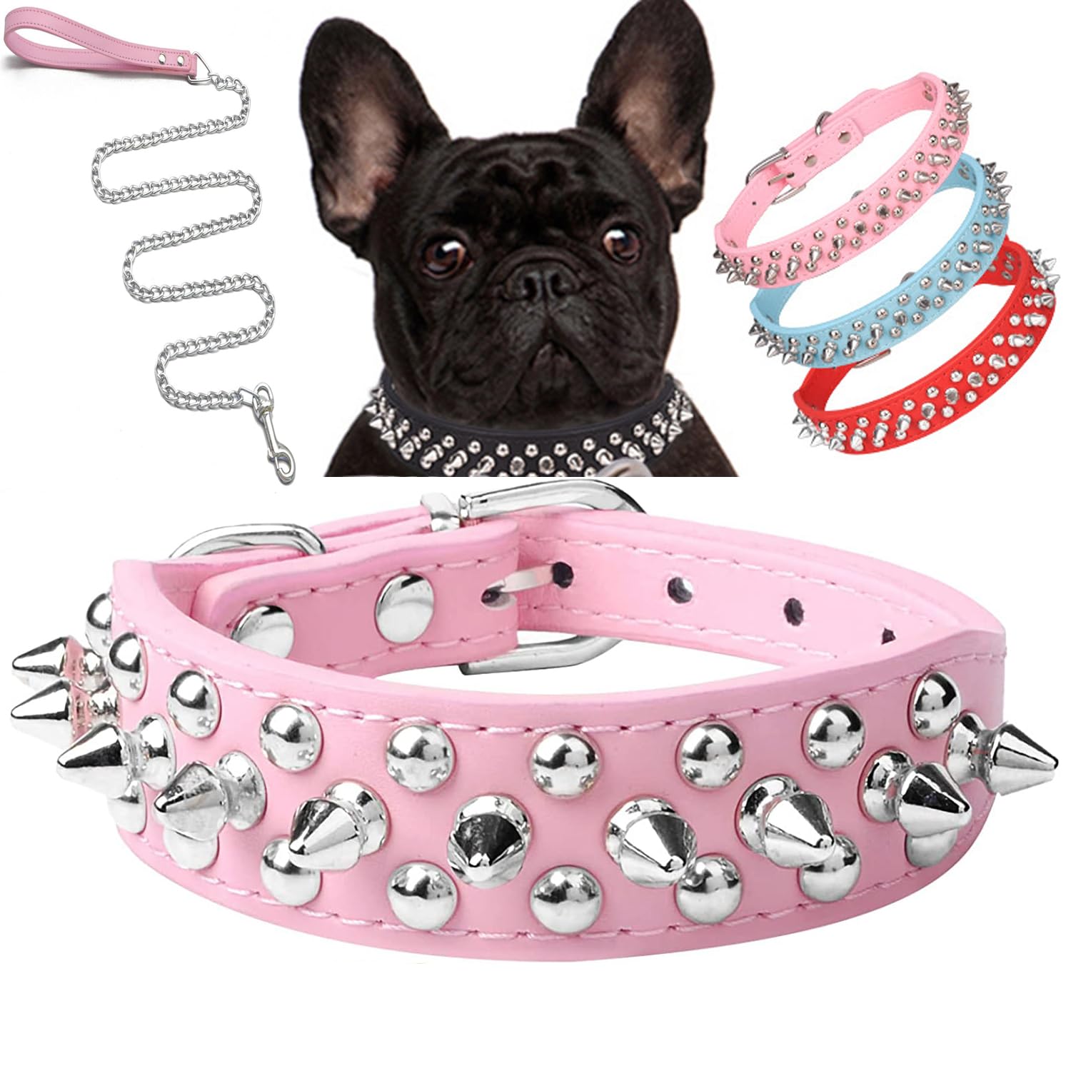 haoyueer Spiked Dog Collar Soft Pu Leather Mushrooms Rivet Spike Studded Puppy Adjustable Pet Collars for Small Breeds (L, Pink 