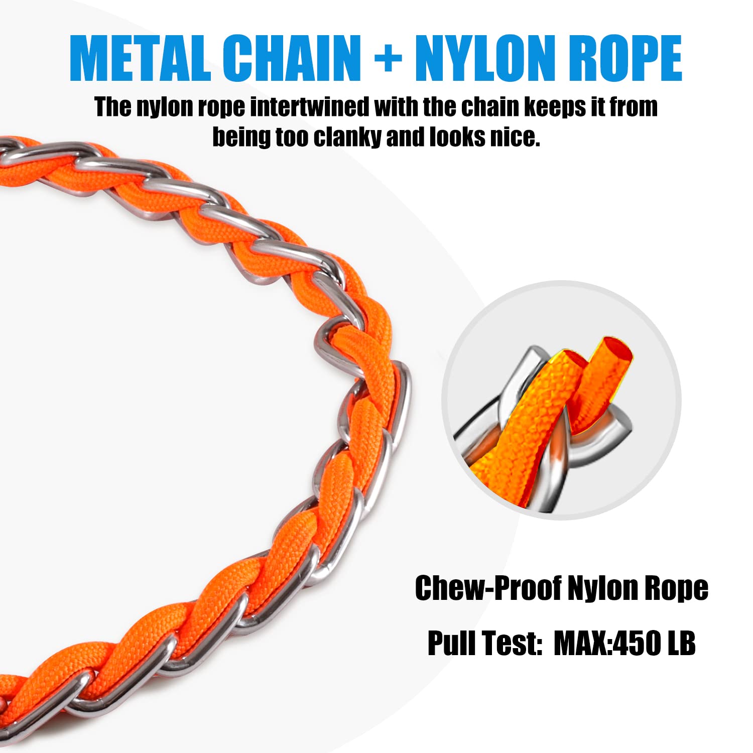S-ETOVUS Chew Proof Metal Dog Leash - 5FT Chain Link, Anti-Bite, Soft Padded Handle, Orange for Medium & Large Dogs
