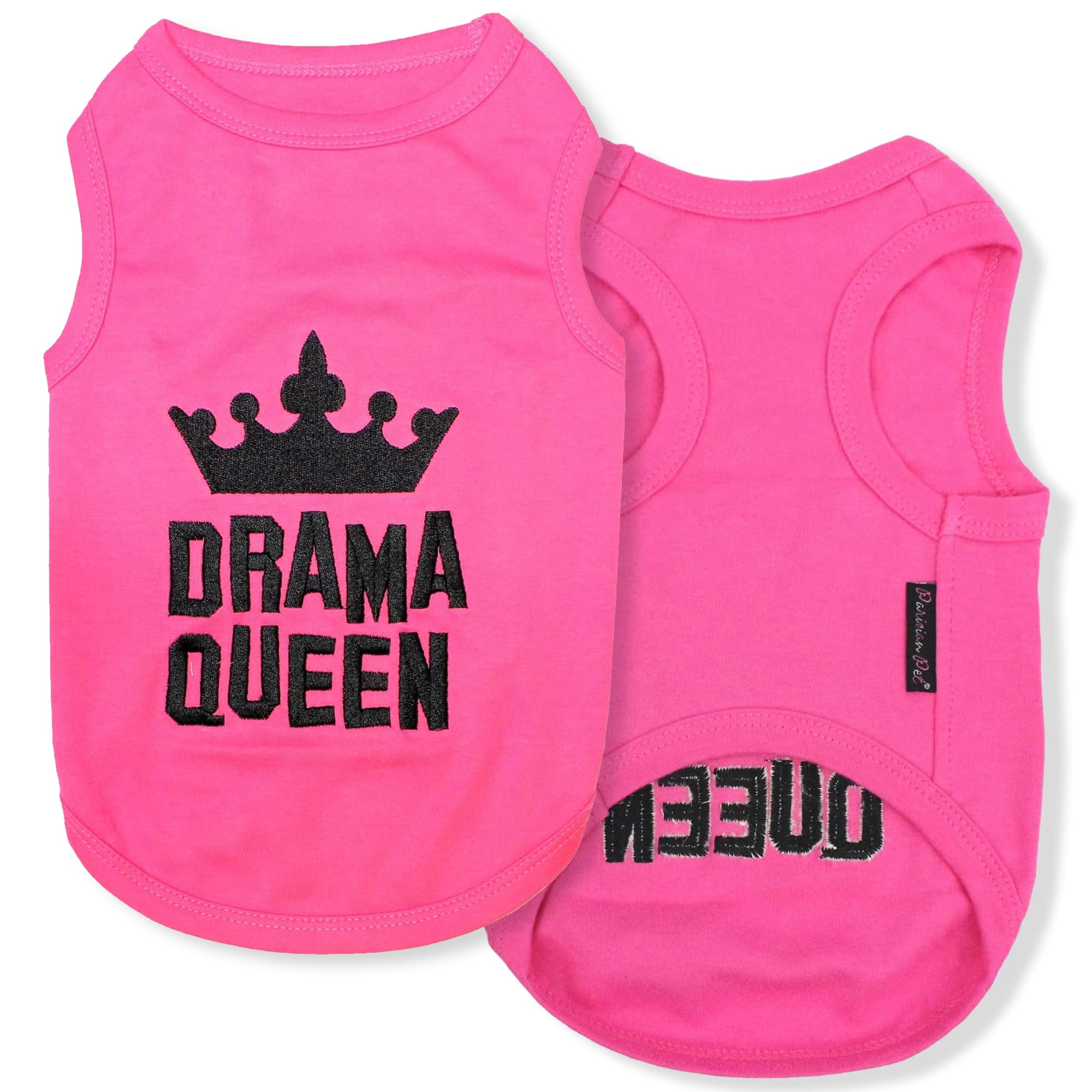 Parisian Pet Dog Tshirt - Embroidered “ Drama Queen “ Dog Shirt - Breathable And Lightweight Dog Clothes - Sleeveless Pink Dog Tee Shirts - Machine Washable Dog Shirts For Small Dogs Girl - Xxs