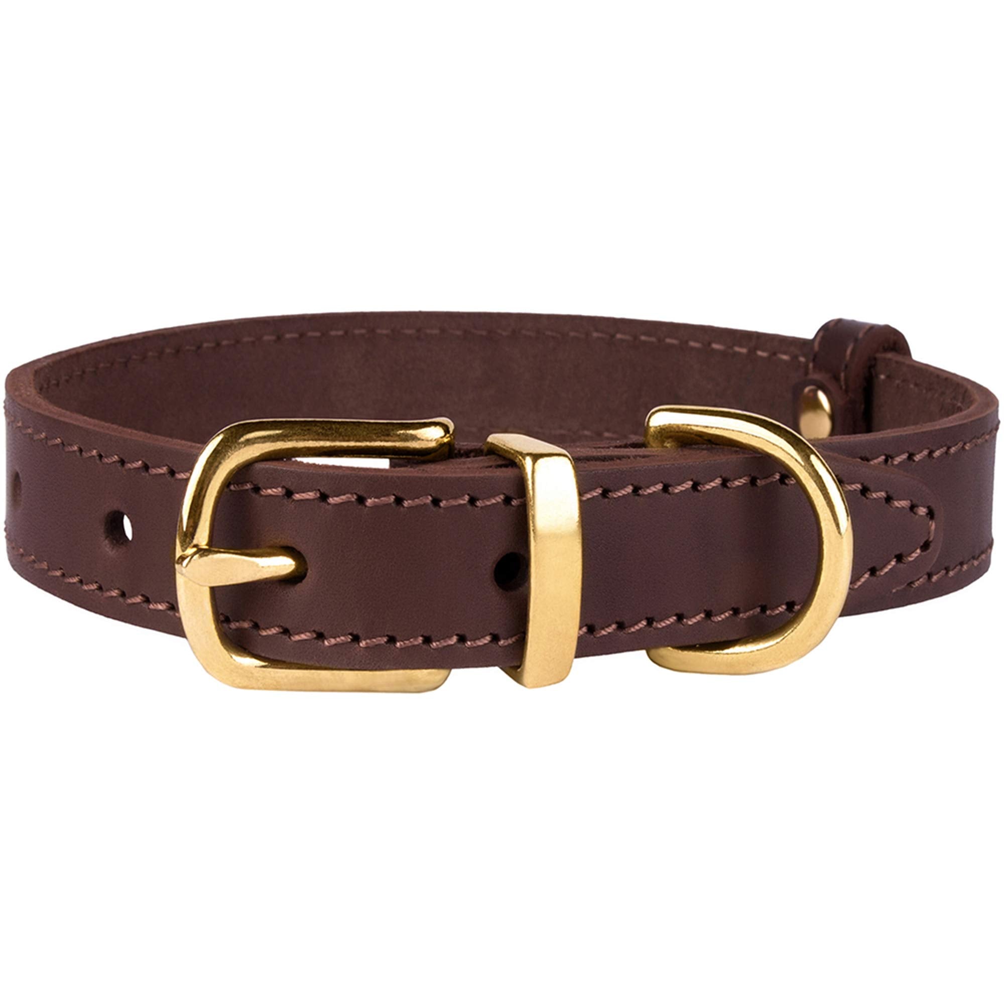 Bronzedog Leather Dog Collar With Metal Buckle Durable Basic Pet Collars For Small Medium Large Dogs (19-21 Inch (Pack Of 1), Dark Brown & Gold Buckle)