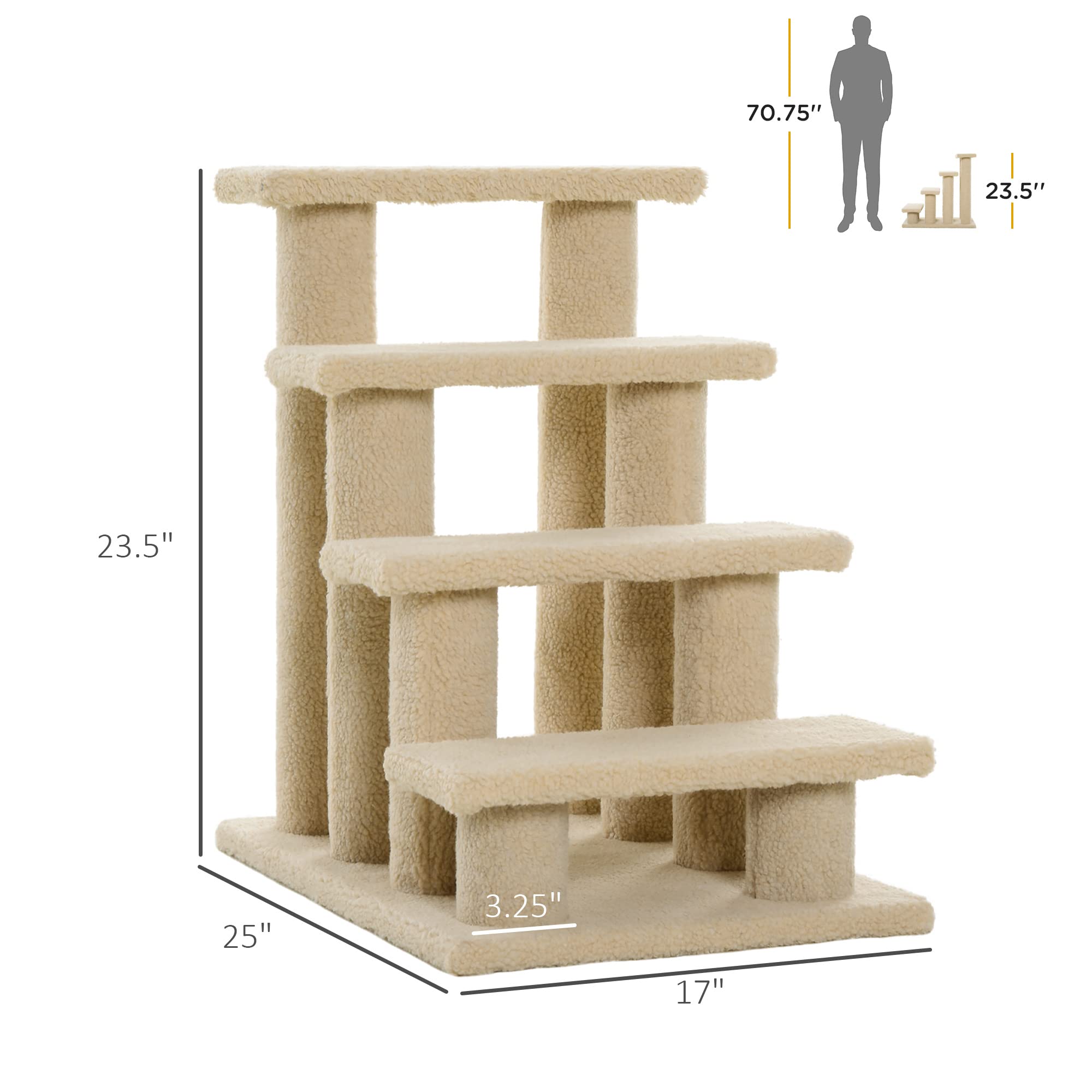 Pawhut 25'' 4-Step Multi-Level Carpeted Cat Scratching Post Pet Stairs - Light Brown