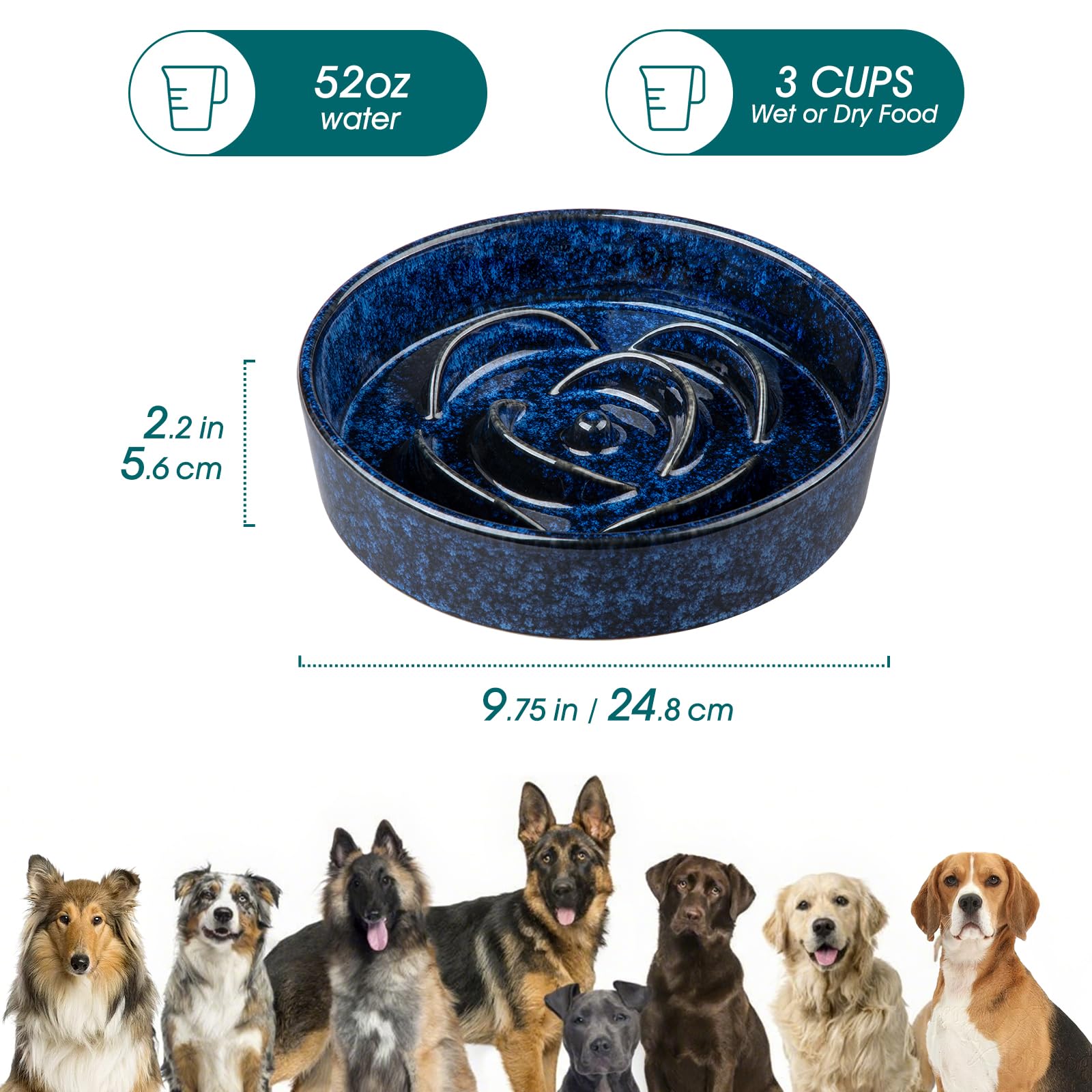 vancasso Slow Feeder Dog Bowl, 3 Cups Ceramic Slow Feeder for Large Breed, Puzzle Maze Dog Food Bowl for Fast Eater, Blue