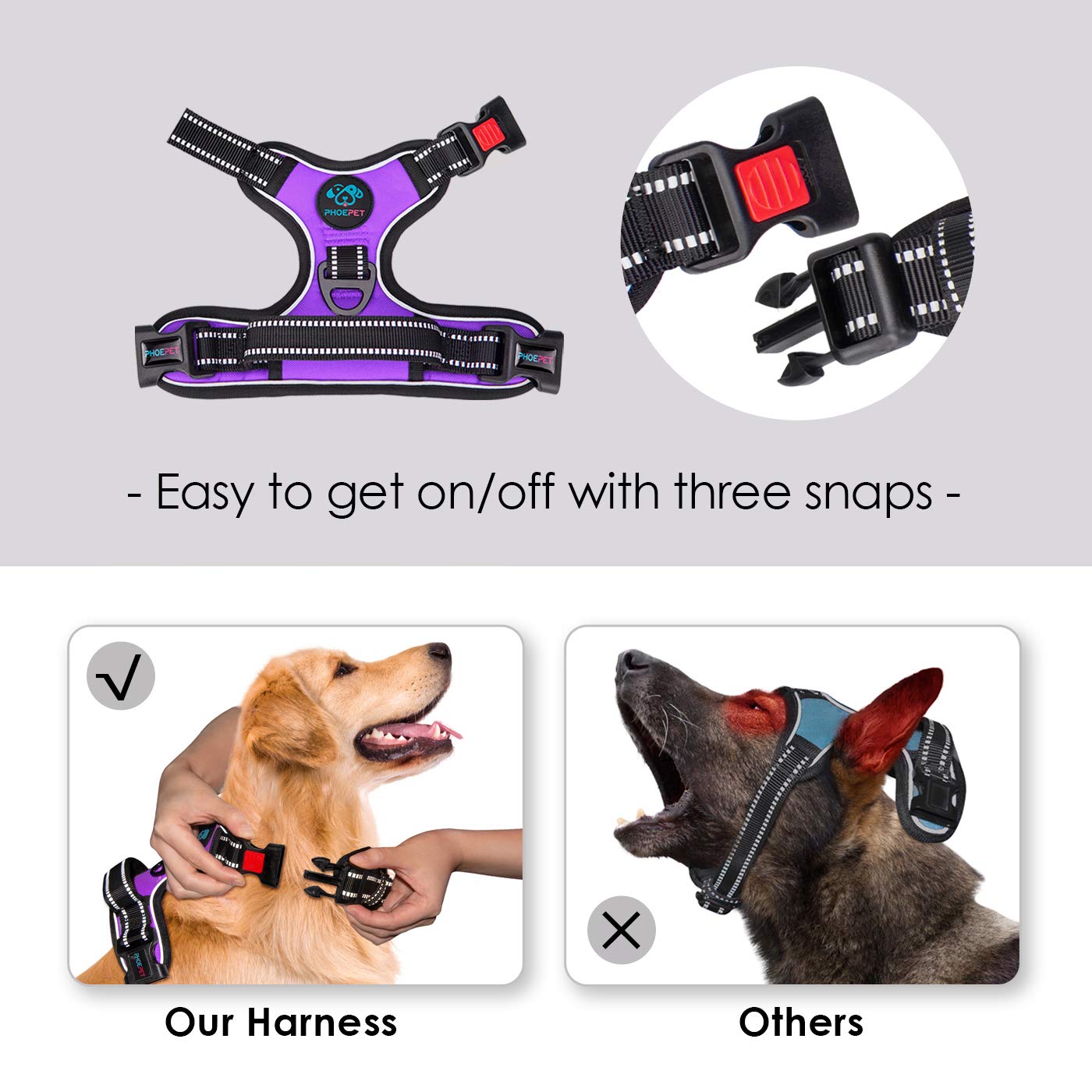 Phoepet Reflective Dog Harness Large Breed Adjustable No Pull Vest With With Handle 2 Metal Rings 3 Buckles [Easy To Put On & Take Off](L, Purple)