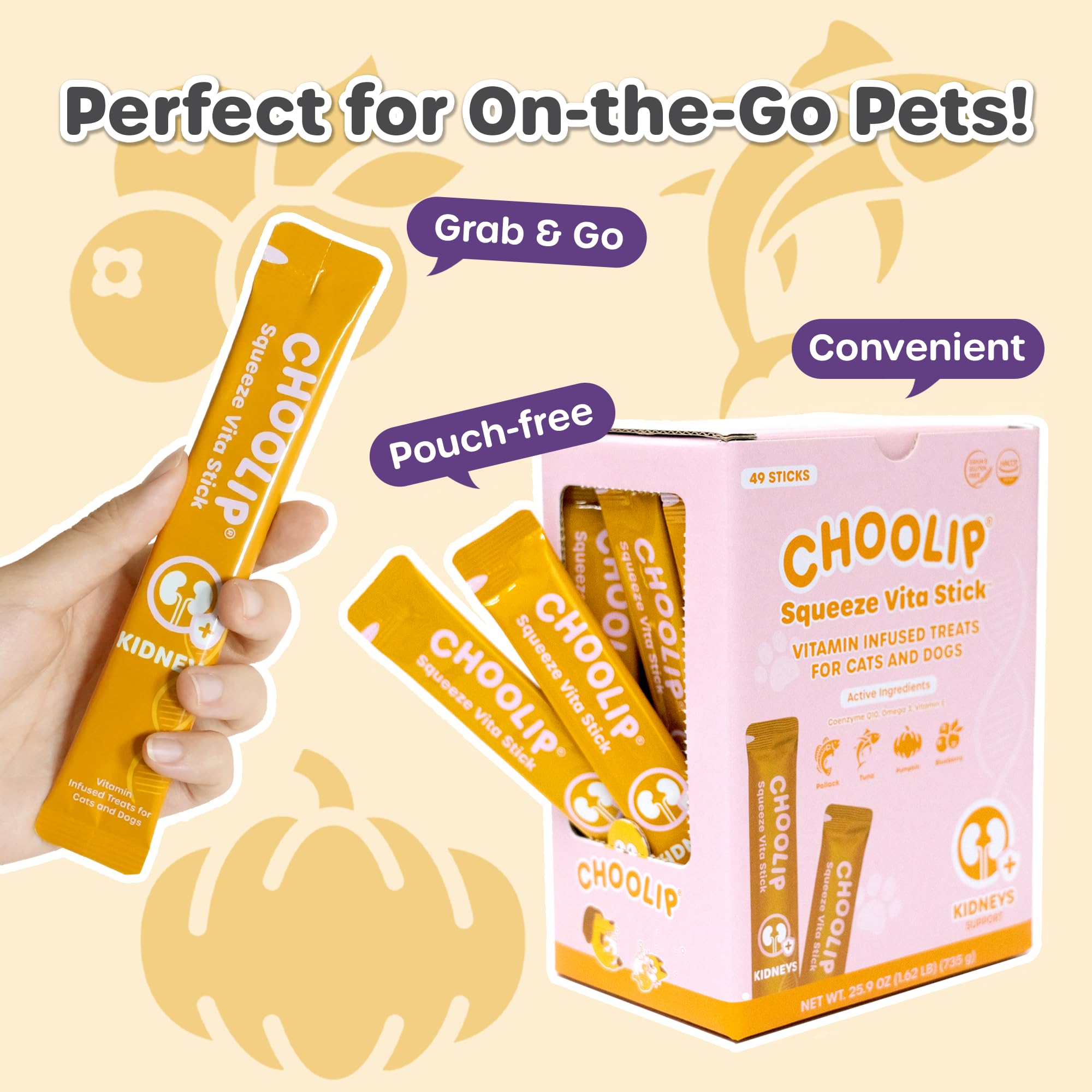 Choolip Grab & Go Squeeze Vita Stick Lickable Treats for Dogs & Cats. 49 Kidney Support Sticks with Essential multivitamins. Sof