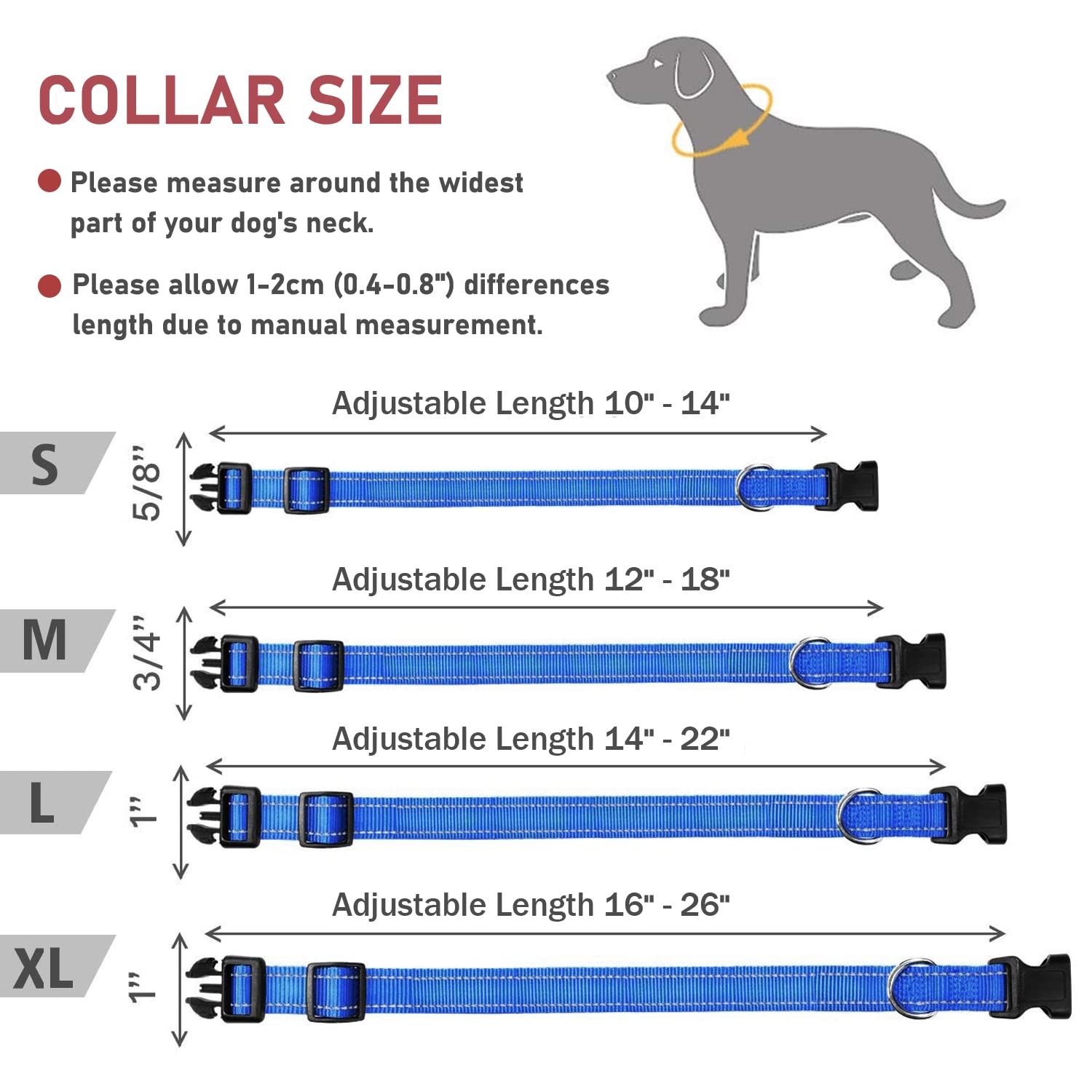 Reflective Dog Collar With Buckle Adjustable Safety Nylon Collars For Small Medium Large Dogs, Navy Blue L